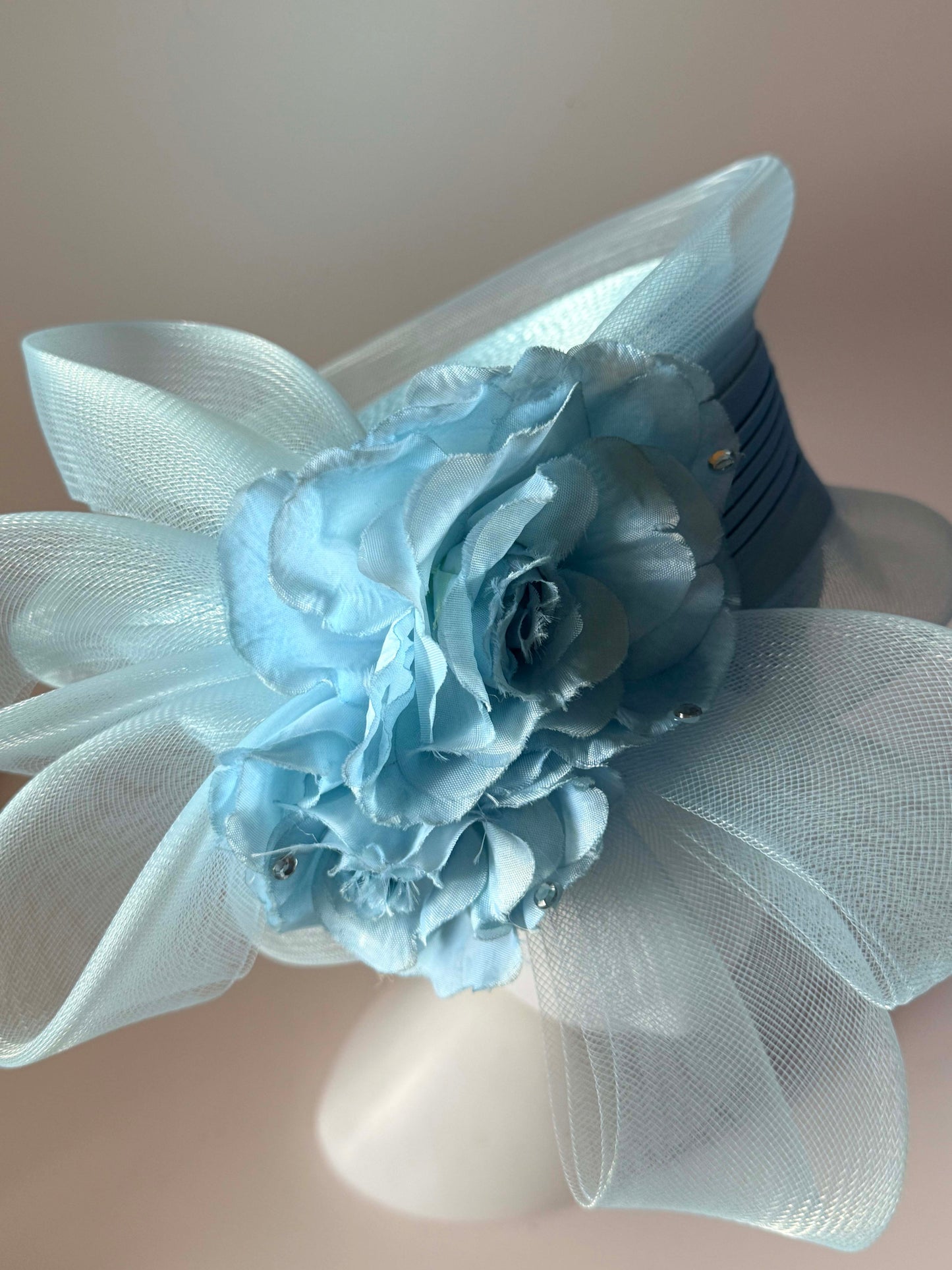 Vintage 1980s Baby Blue Hat Straw Horsehair Floral Statement Hat Church Wedding Derby Garden Party