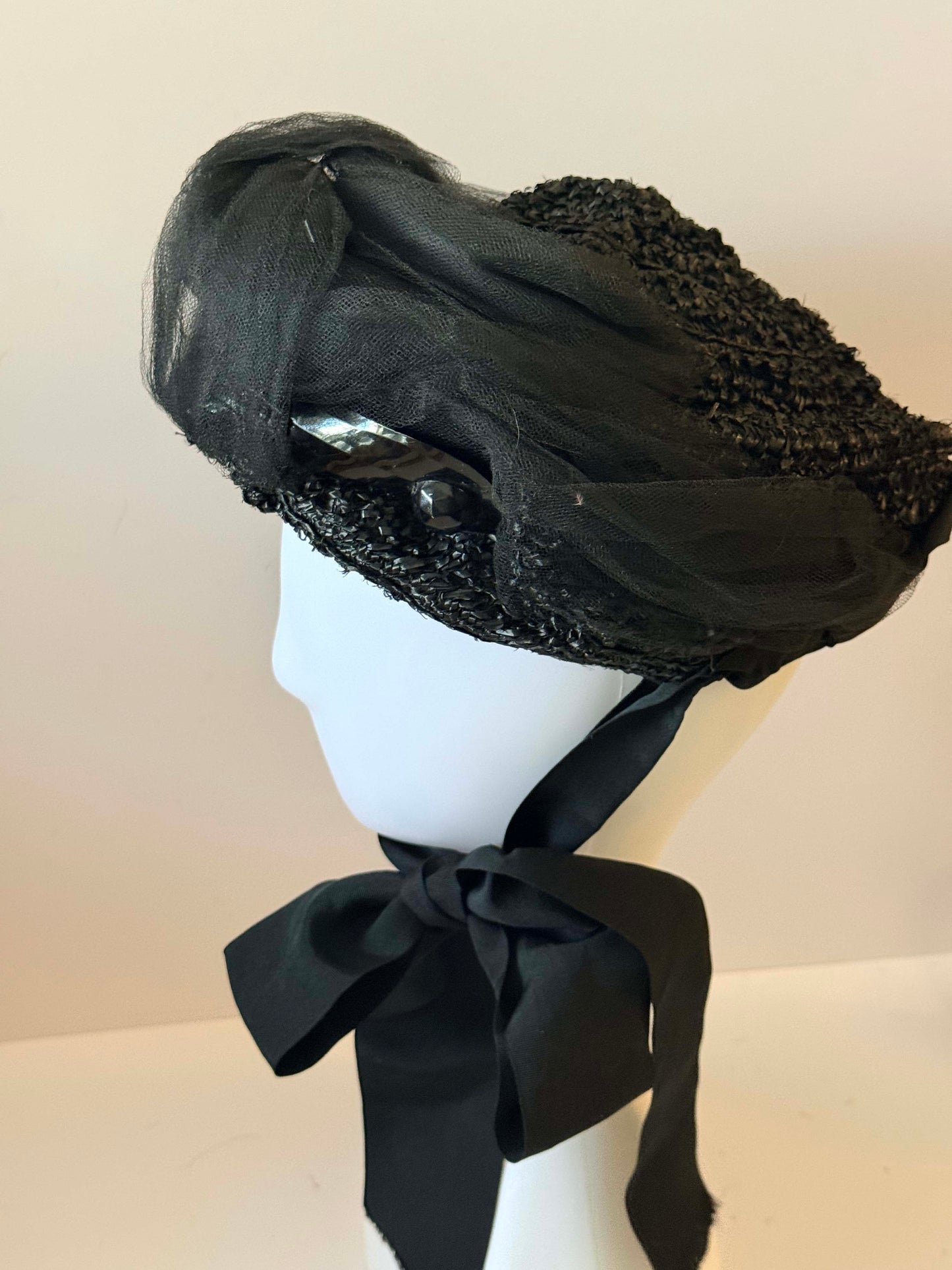Vintage 1950s Black Veiled Chin Tiel Hat Net Tulle Hat La Salle Hat Structured Brim Satin Ribbon Tie Mid Century Evening Hat