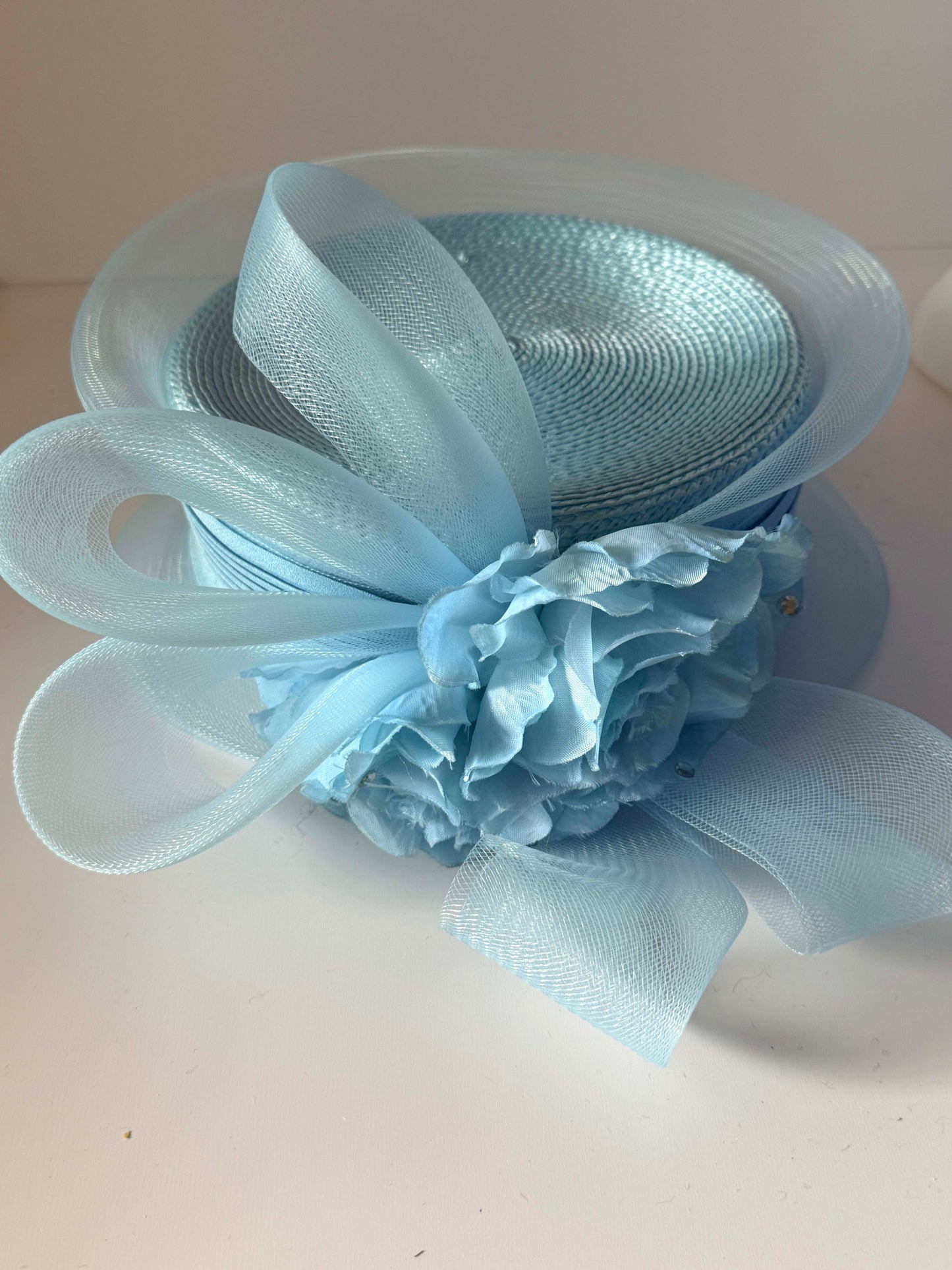 Vintage 1980s Baby Blue Hat Straw Horsehair Floral Statement Hat Church Wedding Derby Garden Party