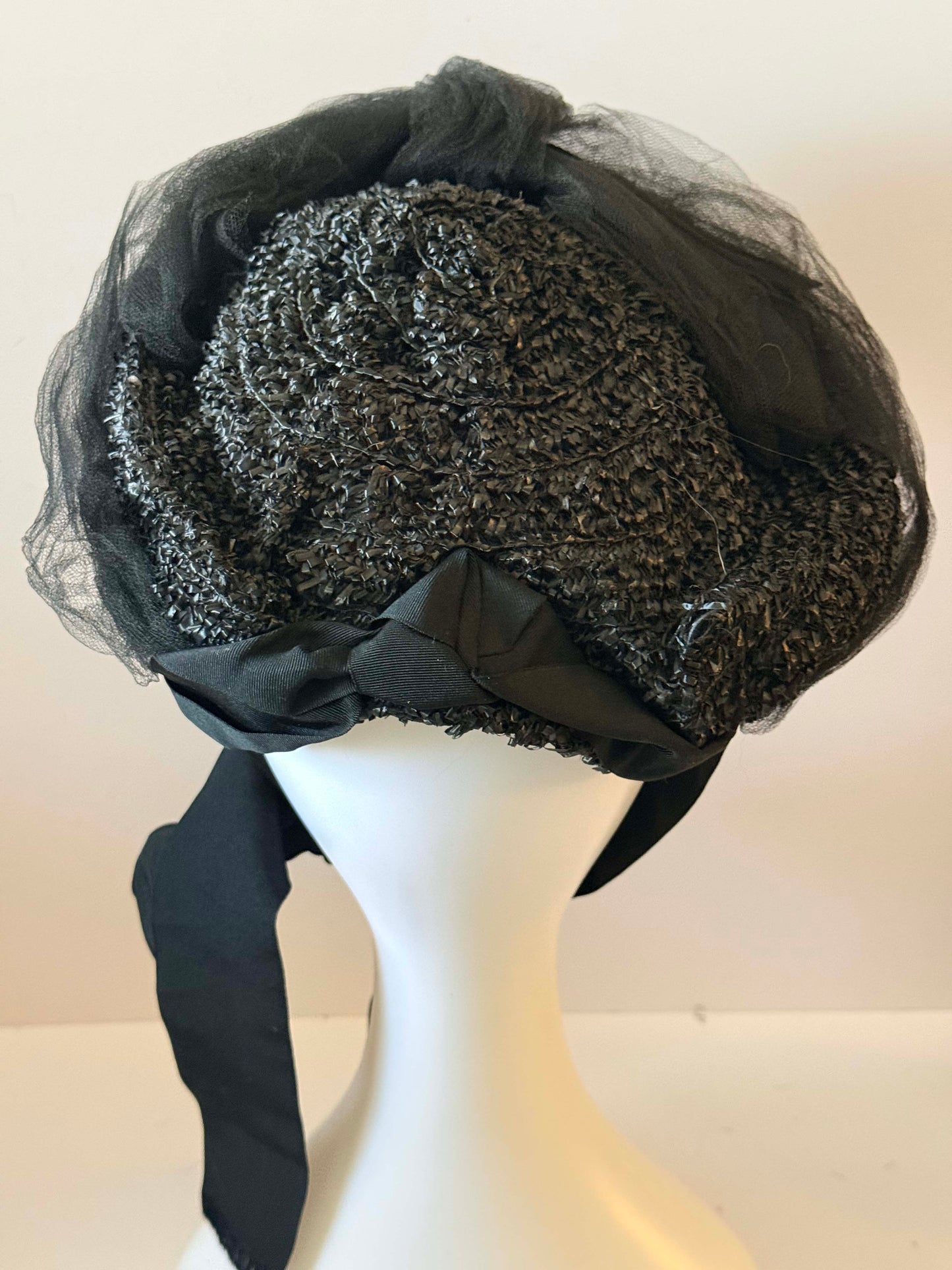 Vintage 1950s Black Veiled Chin Tiel Hat Net Tulle Hat La Salle Hat Structured Brim Satin Ribbon Tie Mid Century Evening Hat