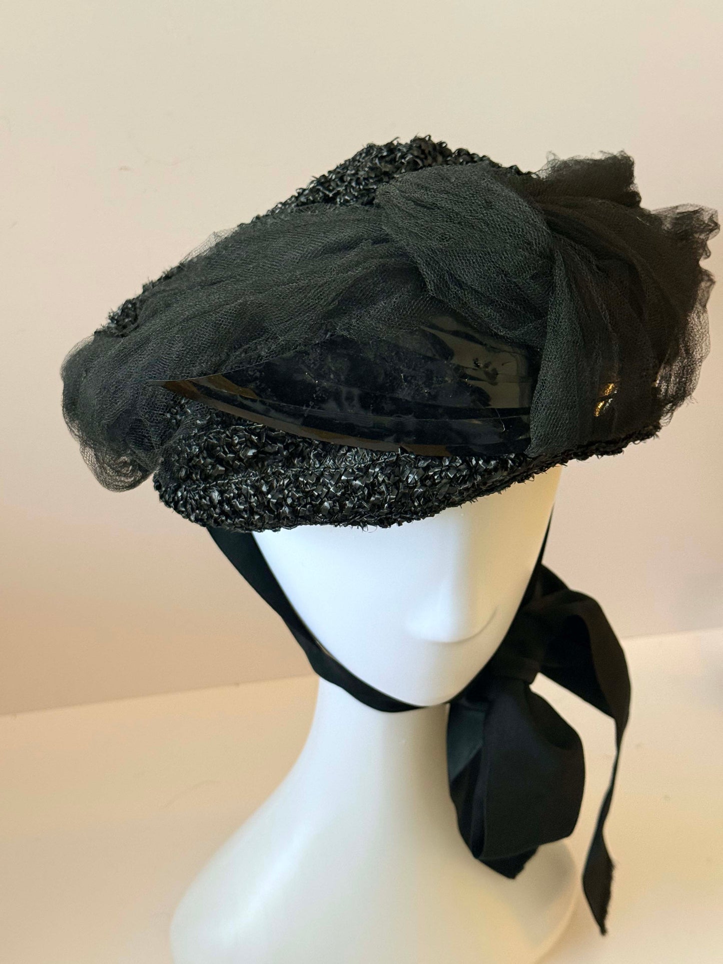 Vintage 1950s Black Veiled Chin Tiel Hat Net Tulle Hat La Salle Hat Structured Brim Satin Ribbon Tie Mid Century Evening Hat