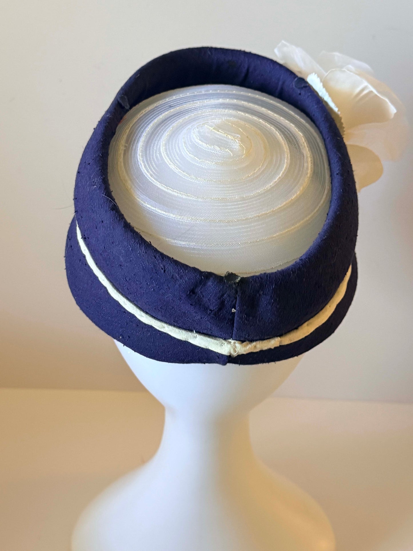 Vintage 1950s Navy Blue & Ivory Pillbox Hat Silk Rose Cocktail Hat Mid Century Structured Millinery Elegant Evening Hat