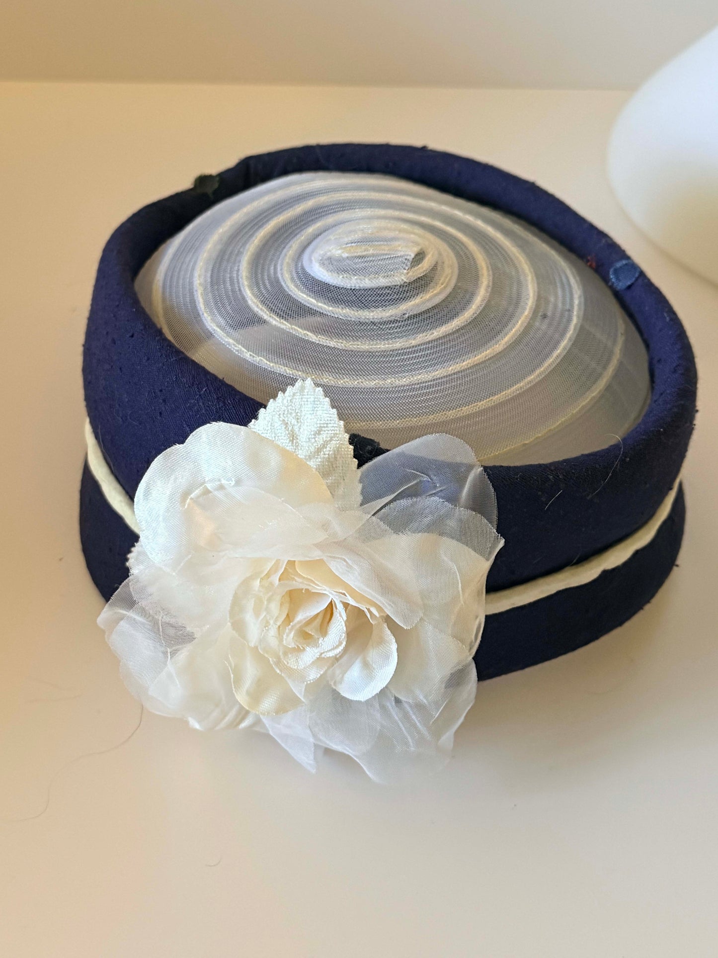 Vintage 1950s Navy Blue & Ivory Pillbox Hat Silk Rose Cocktail Hat Mid Century Structured Millinery Elegant Evening Hat