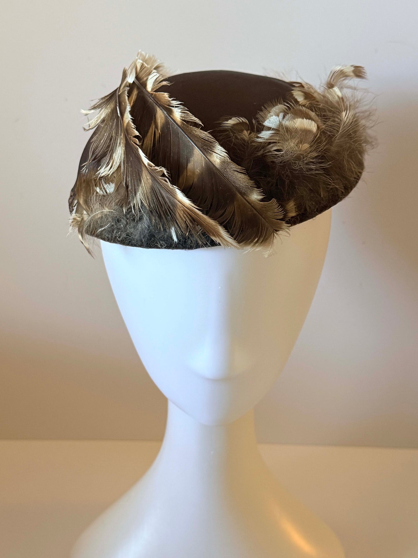 Vintage 1940s Brown Feather Cocktail Hat Tilt Hat Fur Felt Fascinator Mid Century Millinery Statement Headpiece