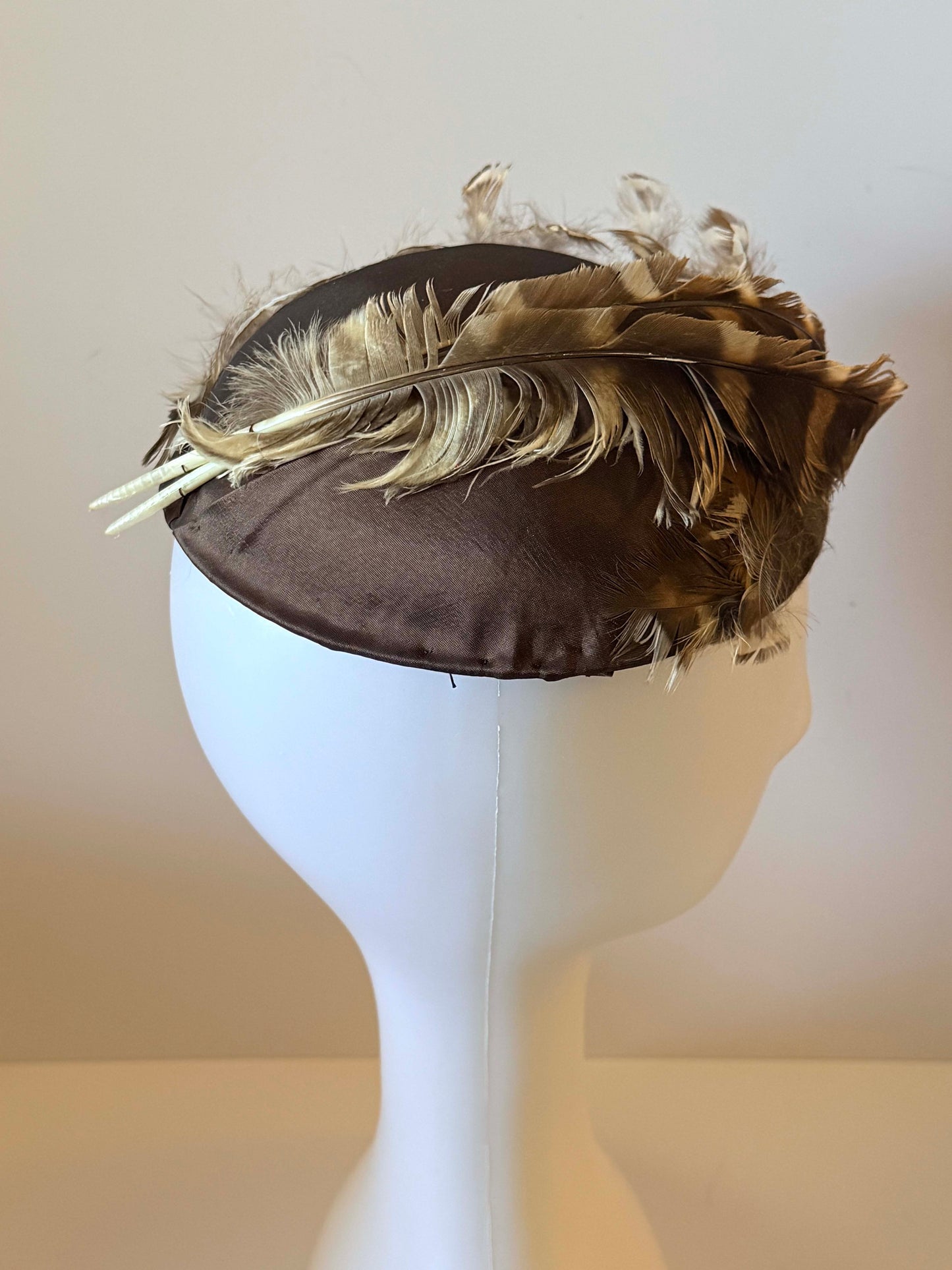 Vintage 1940s Brown Feather Cocktail Hat Tilt Hat Fur Felt Fascinator Mid Century Millinery Statement Headpiece