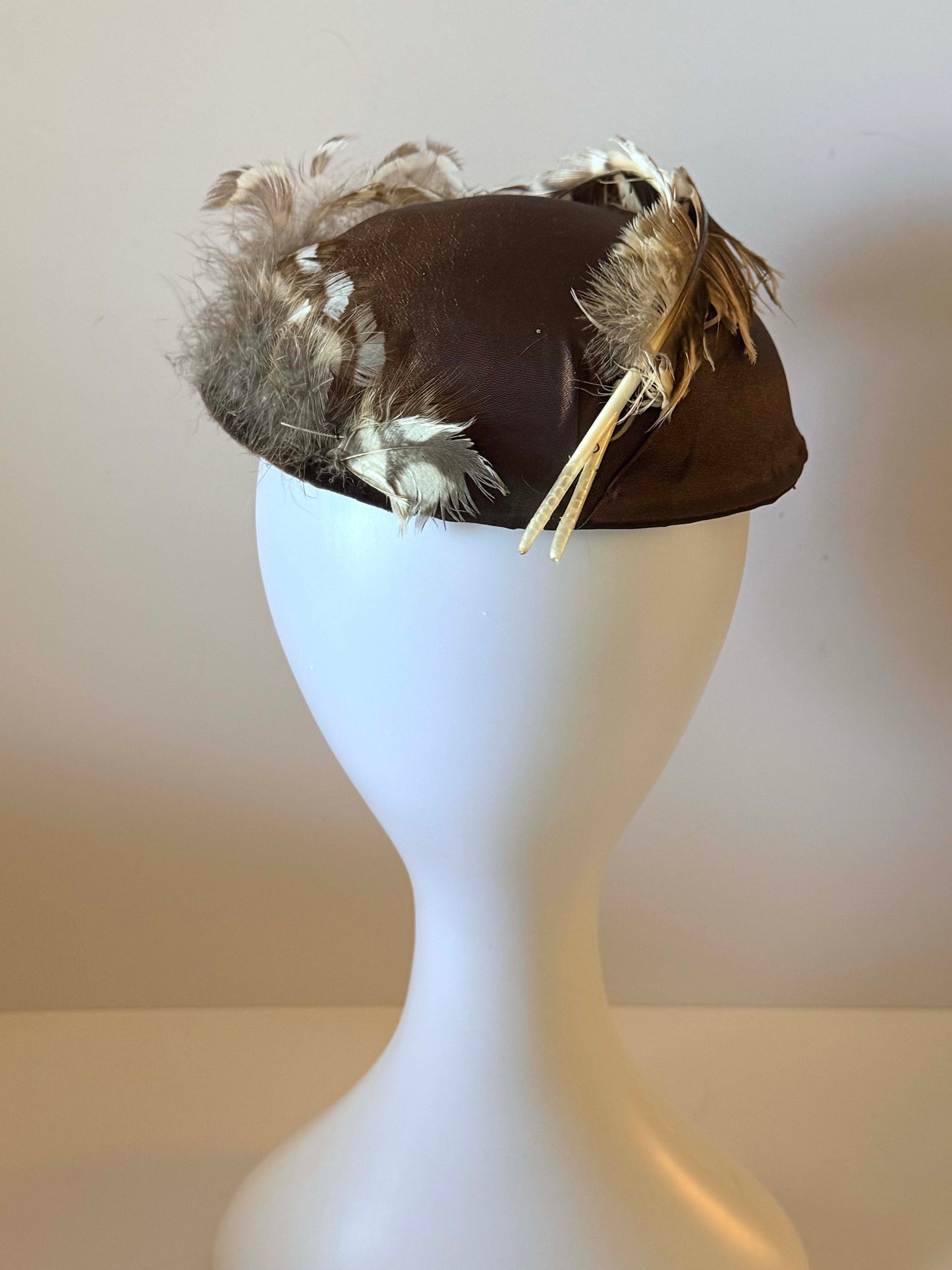 Vintage 1940s Brown Feather Cocktail Hat Tilt Hat Fur Felt Fascinator Mid Century Millinery Statement Headpiece