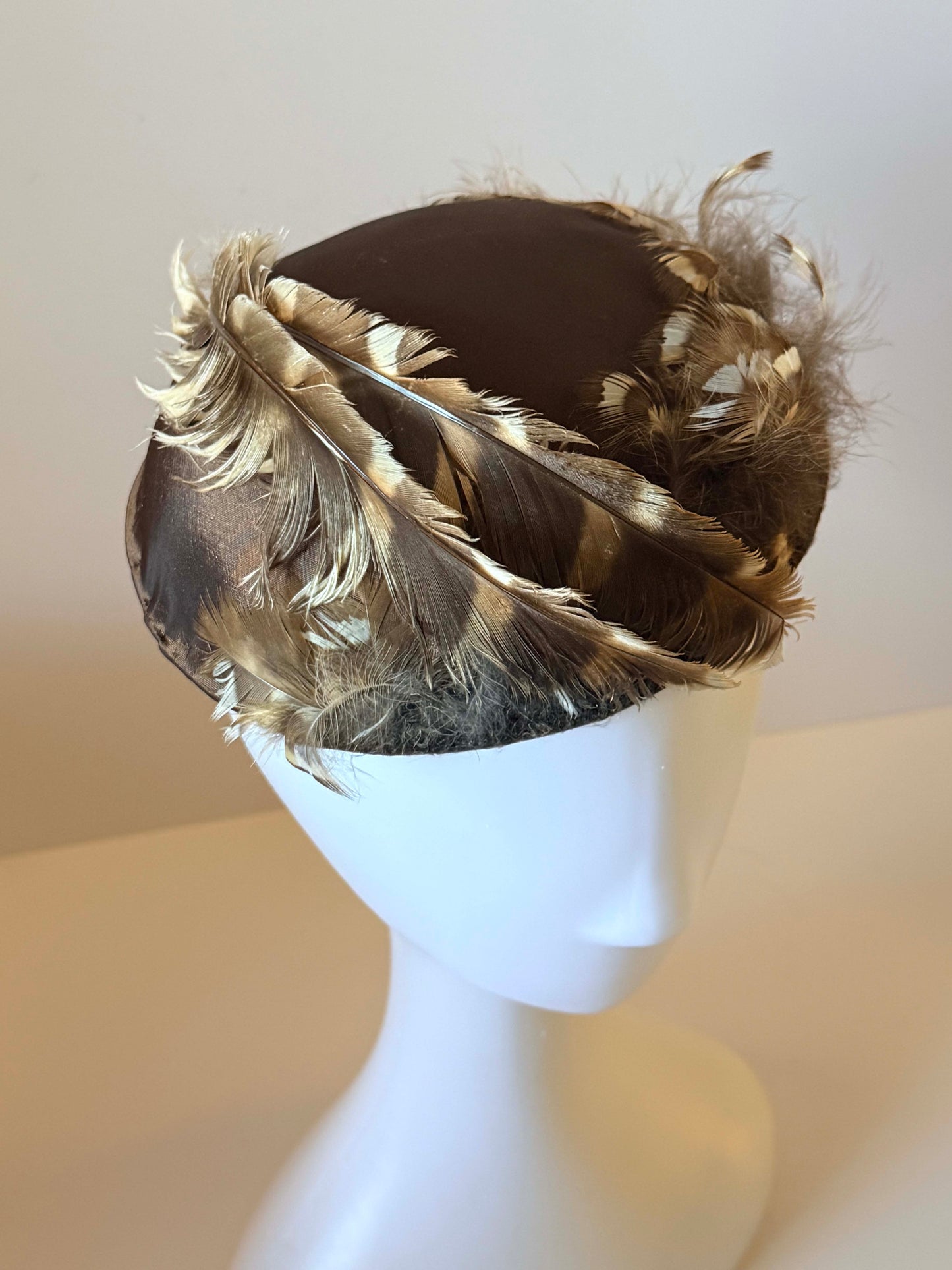 Vintage 1940s Brown Feather Cocktail Hat Tilt Hat Fur Felt Fascinator Mid Century Millinery Statement Headpiece