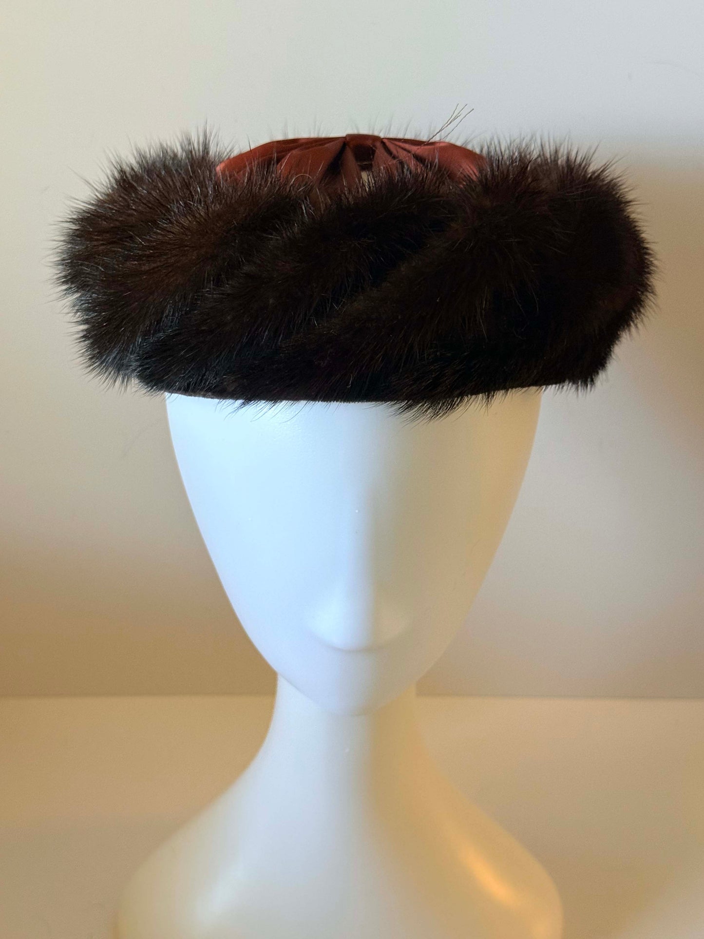 Vintage 1950s Mink Fur Hat Brown Fur Pillbox Hat Satin Bow Winter Hat Mid Century Luxury Millinery Statement Piece