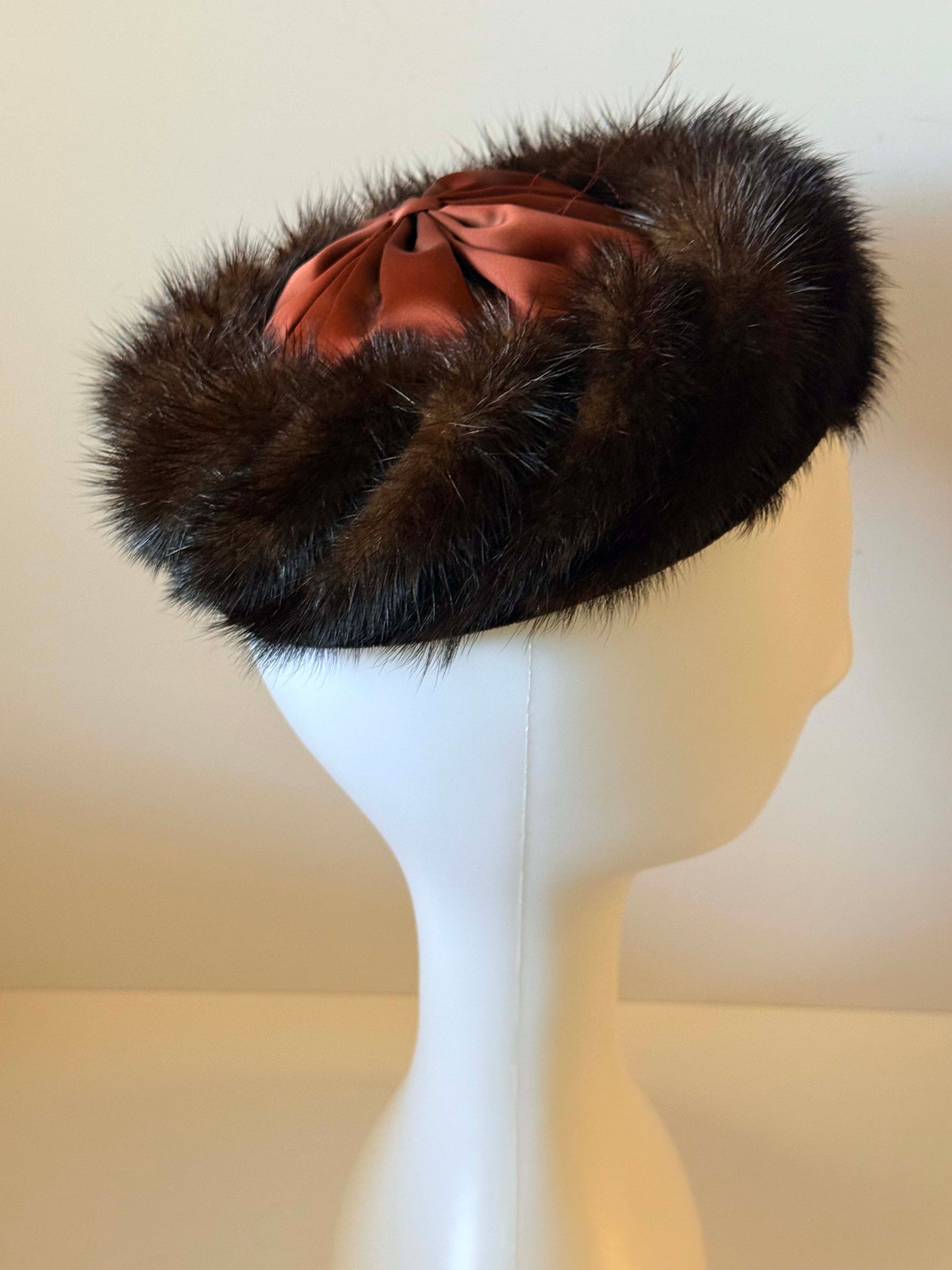 Vintage 1950s Mink Fur Hat Brown Fur Pillbox Hat Satin Bow Winter Hat Mid Century Luxury Millinery Statement Piece