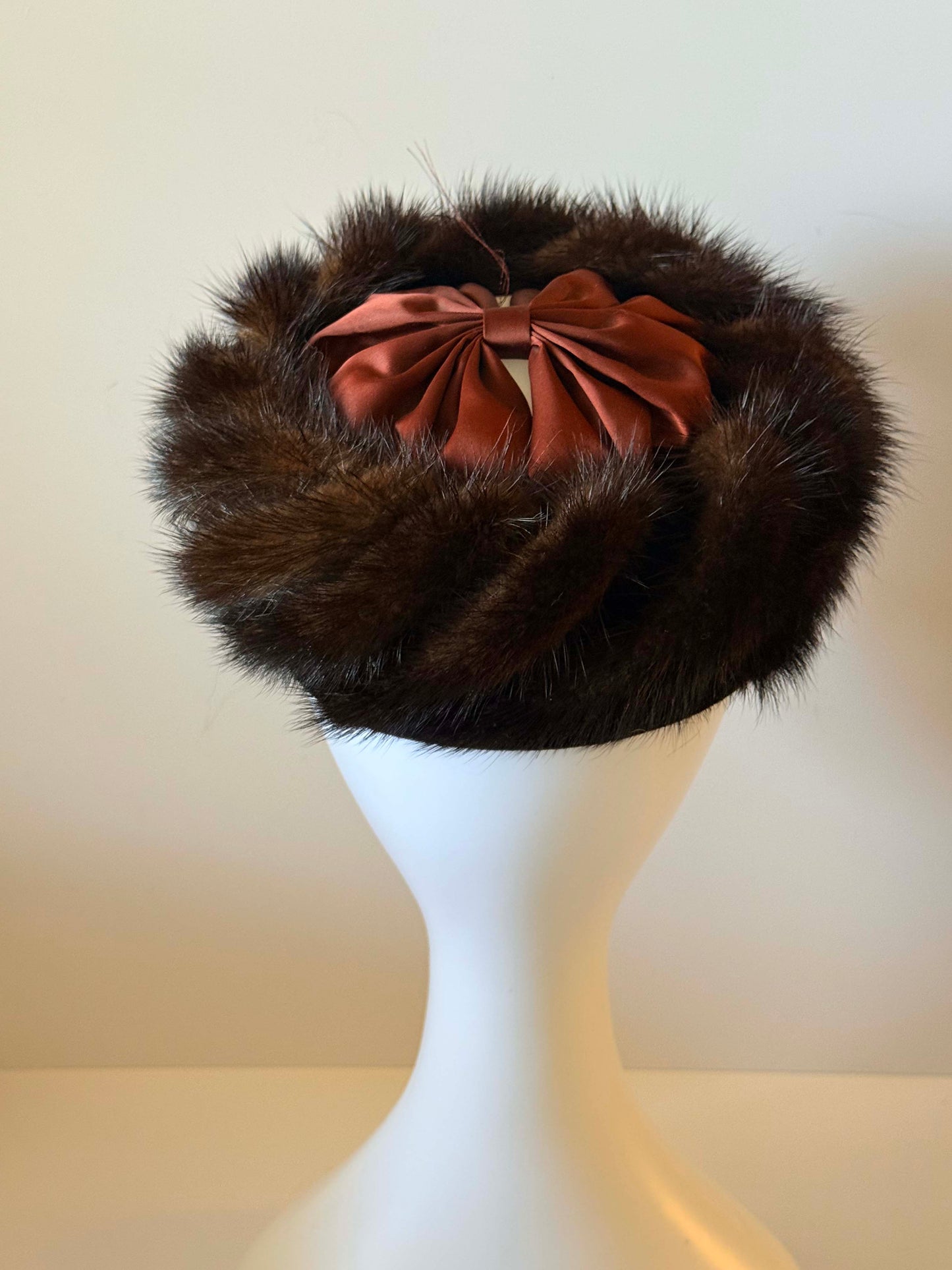 Vintage 1950s Mink Fur Hat Brown Fur Pillbox Hat Satin Bow Winter Hat Mid Century Luxury Millinery Statement Piece