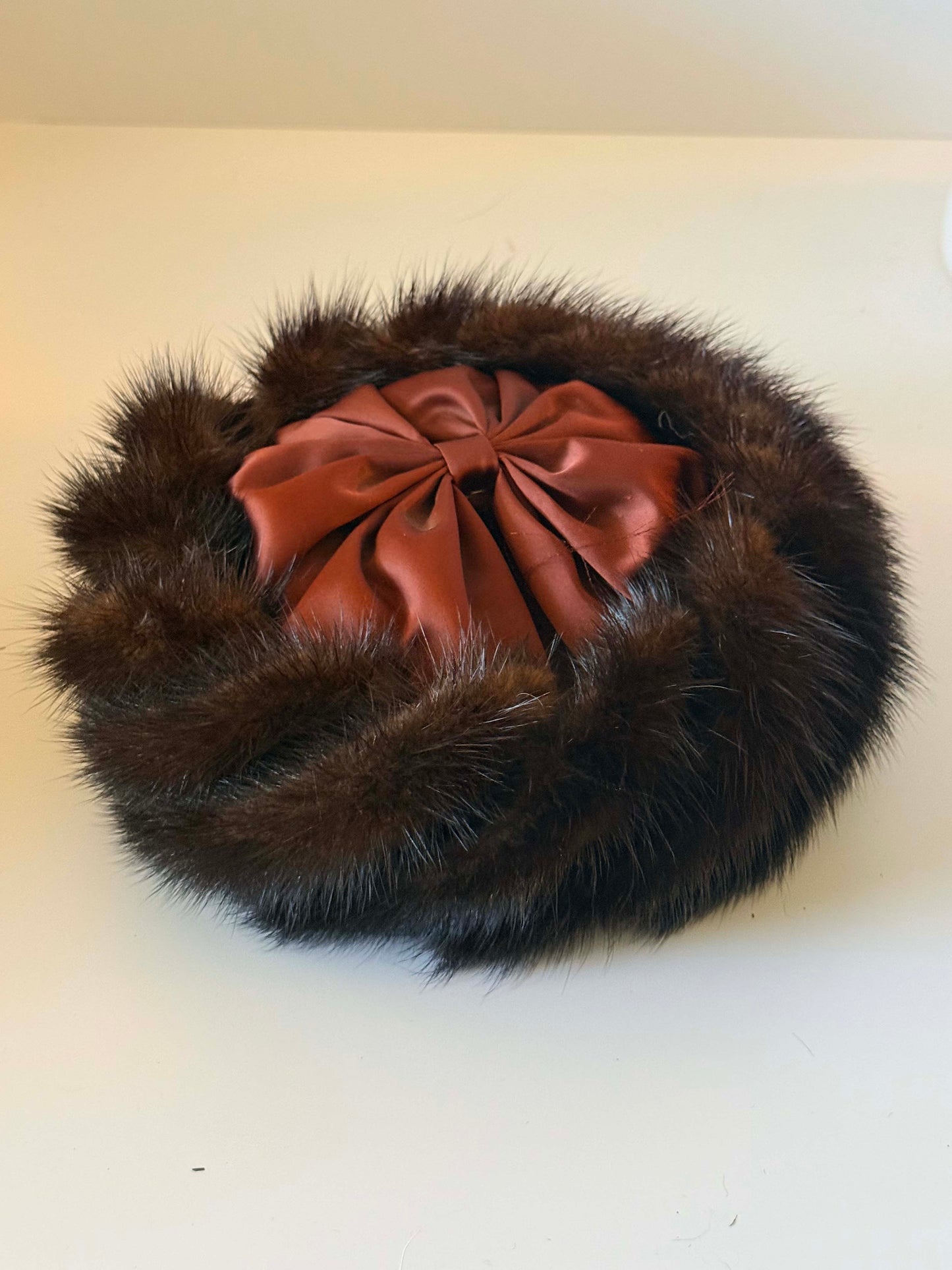 Vintage 1950s Mink Fur Hat Brown Fur Pillbox Hat Satin Bow Winter Hat Mid Century Luxury Millinery Statement Piece