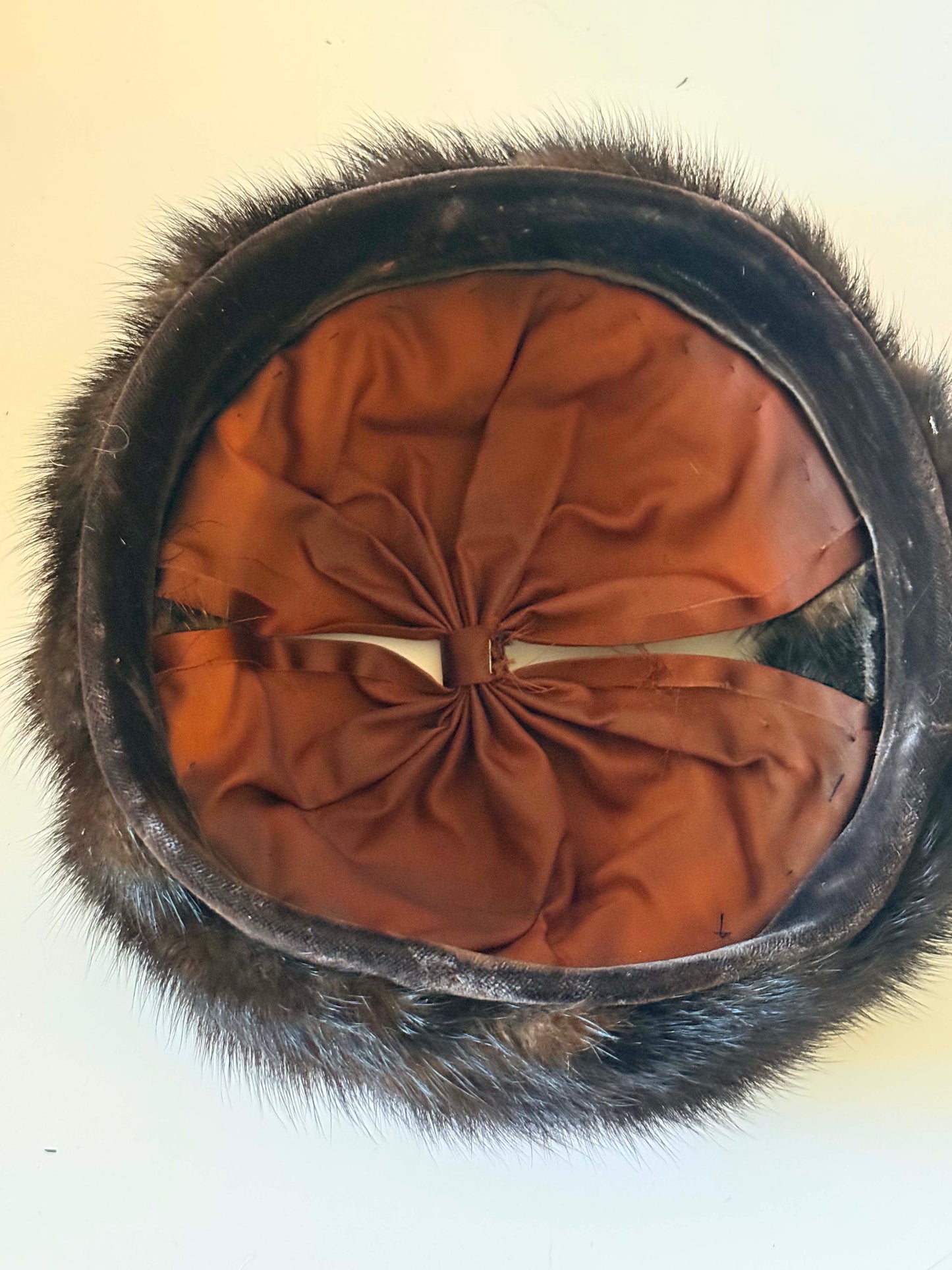 Vintage 1950s Mink Fur Hat Brown Fur Pillbox Hat Satin Bow Winter Hat Mid Century Luxury Millinery Statement Piece