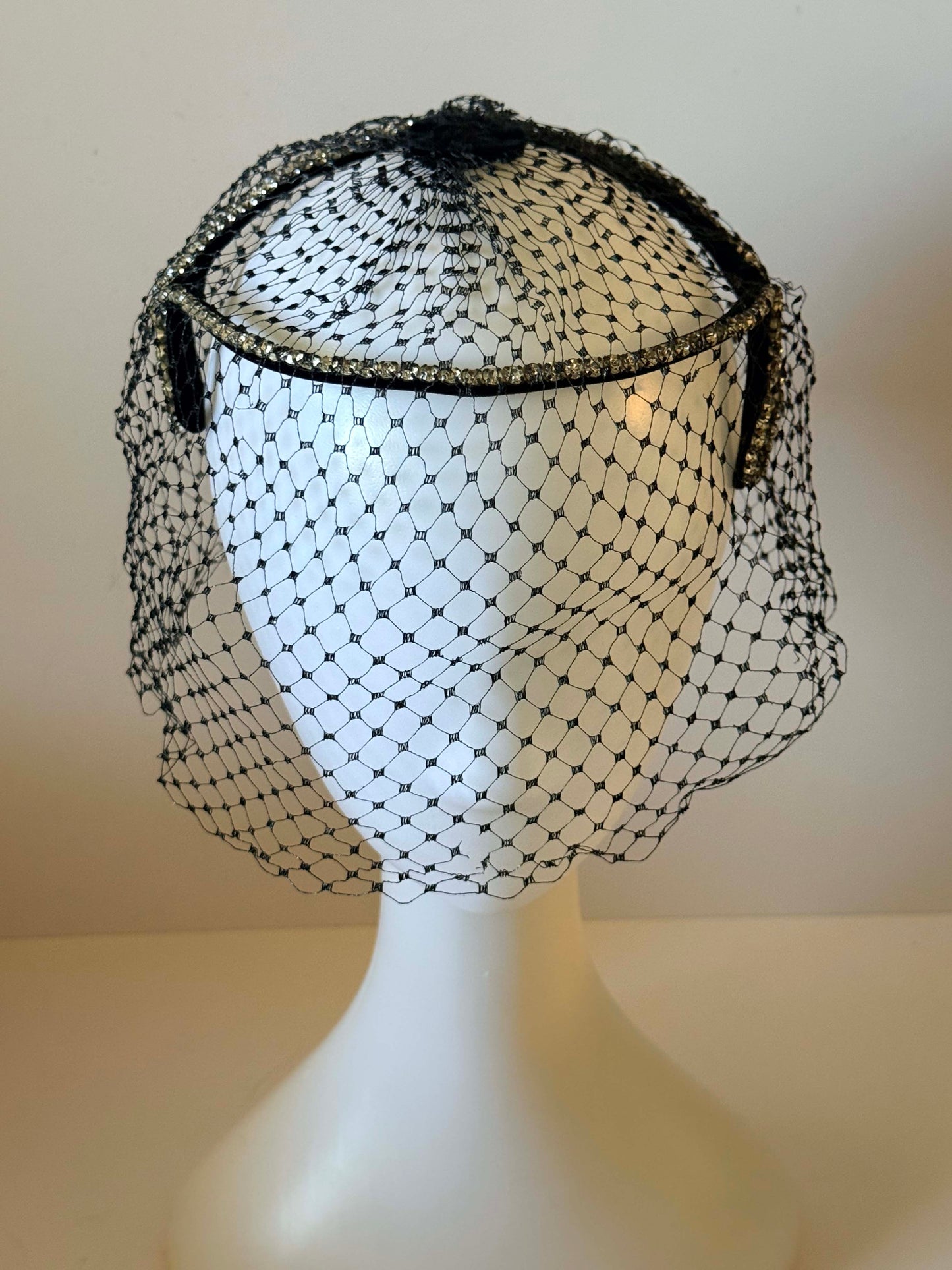 Vintage 1950s Black Veil Halo Rhinestone Trim Cocktail Hat Sculptural Cage Headpiece Mid Century Evening Bridal