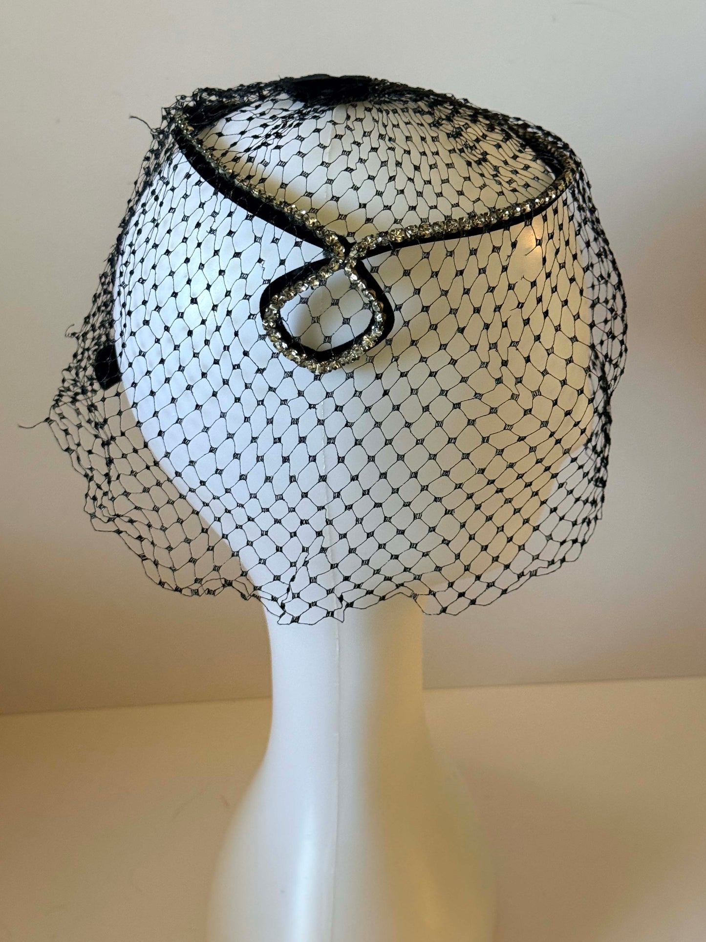 Vintage 1950s Black Veil Halo Rhinestone Trim Cocktail Hat Sculptural Cage Headpiece Mid Century Evening Bridal