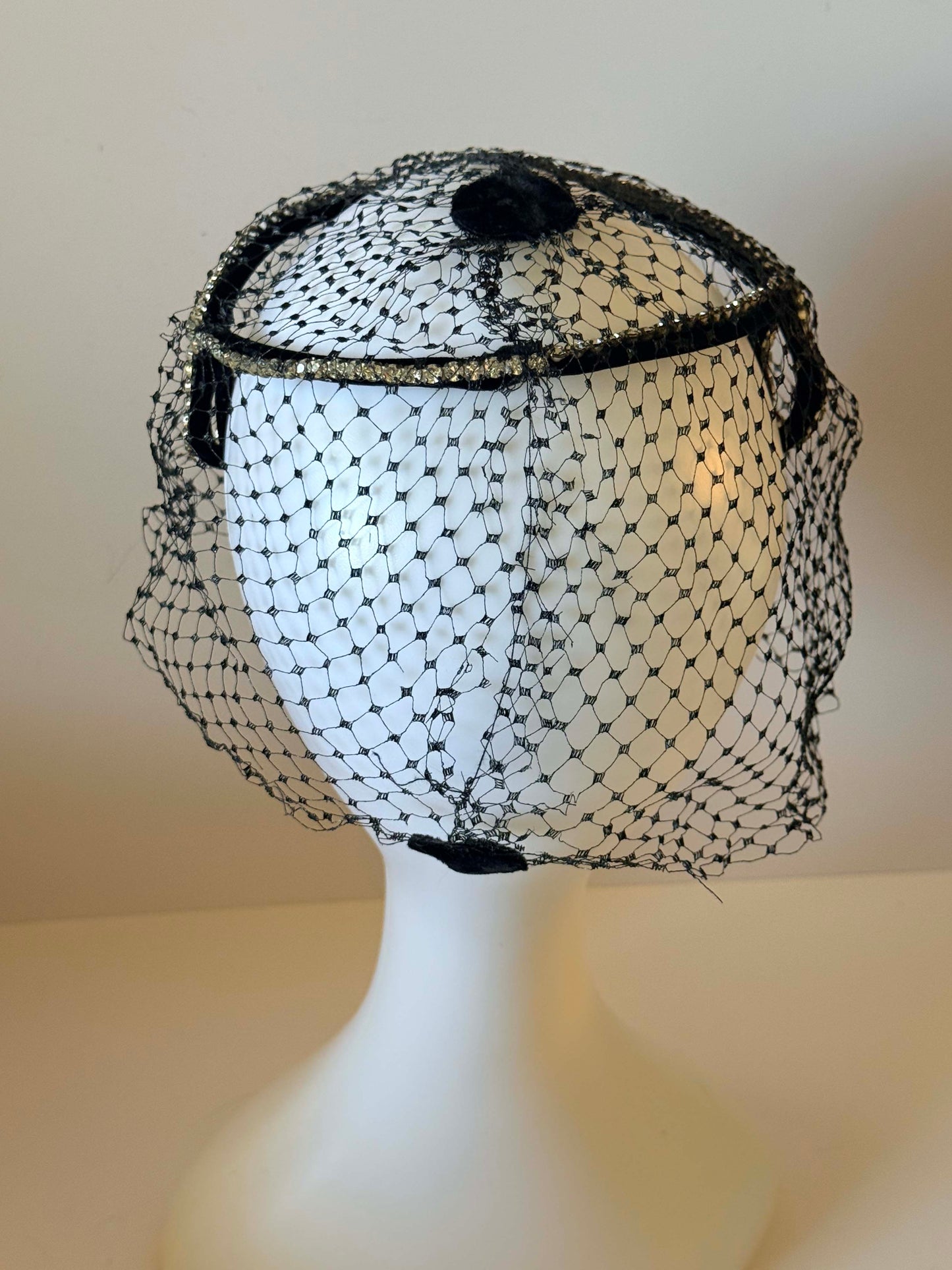 Vintage 1950s Black Veil Halo Rhinestone Trim Cocktail Hat Sculptural Cage Headpiece Mid Century Evening Bridal