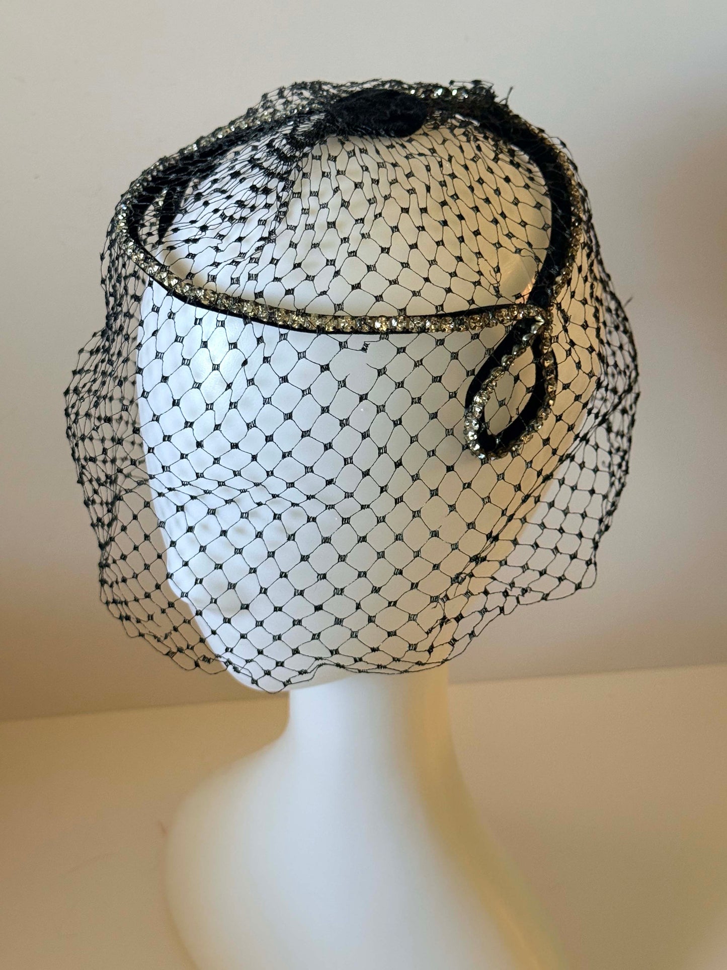 Vintage 1950s Black Veil Halo Rhinestone Trim Cocktail Hat Sculptural Cage Headpiece Mid Century Evening Bridal