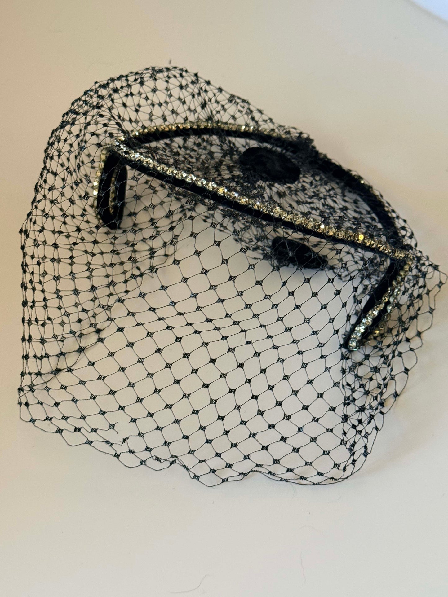 Vintage 1950s Black Veil Halo Rhinestone Trim Cocktail Hat Sculptural Cage Headpiece Mid Century Evening Bridal