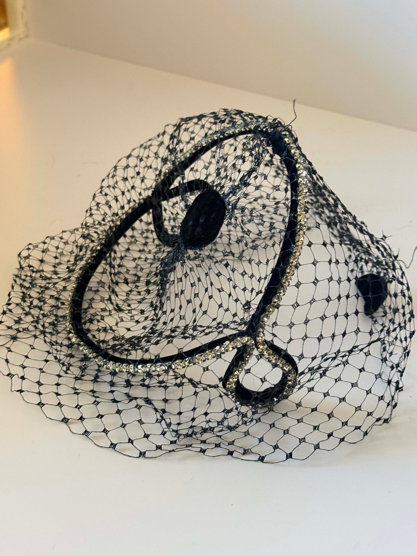 Vintage 1950s Black Veil Halo Rhinestone Trim Cocktail Hat Sculptural Cage Headpiece Mid Century Evening Bridal