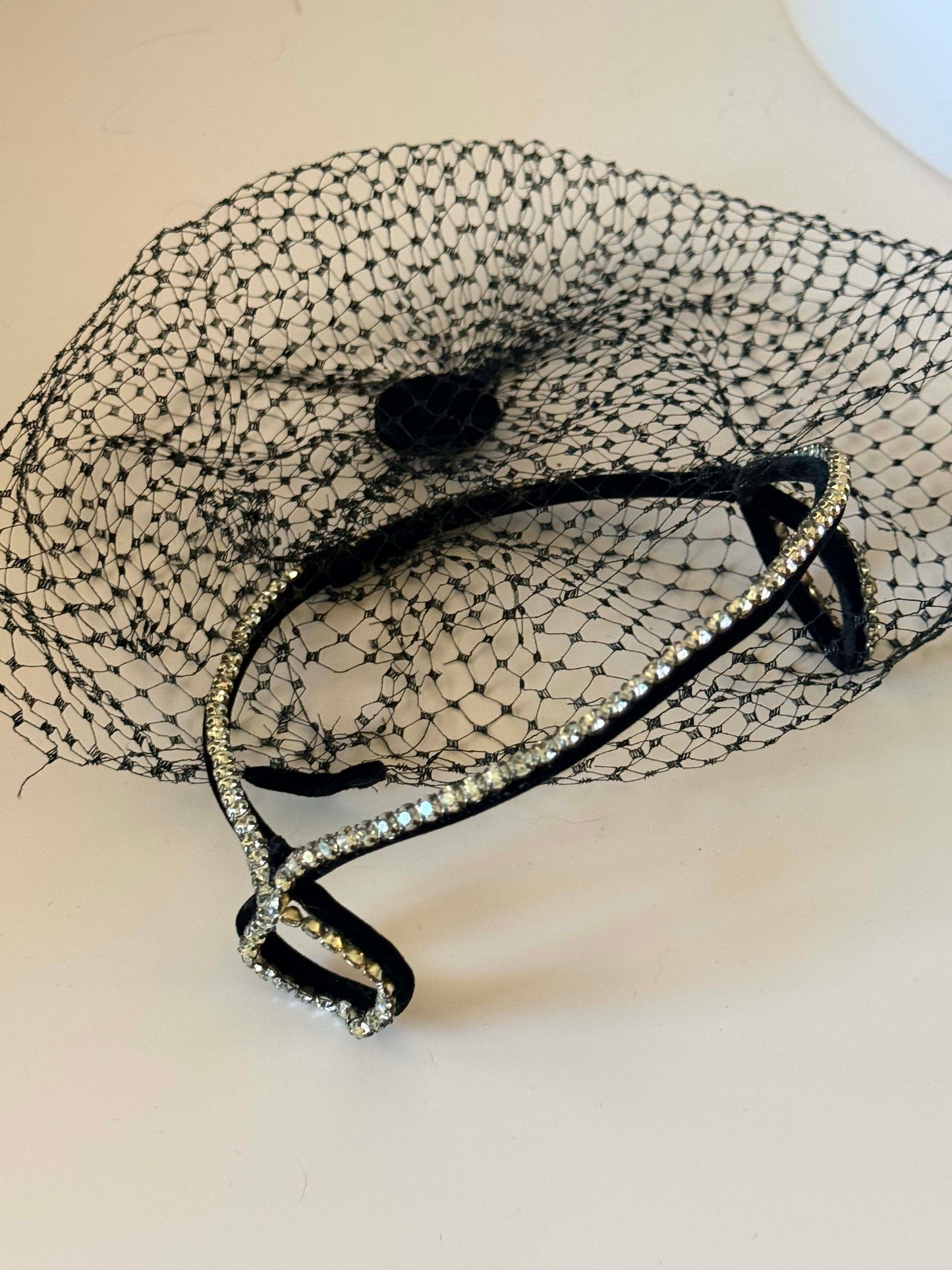 Vintage 1950s Black Veil Halo Rhinestone Trim Cocktail Hat Sculptural Cage Headpiece Mid Century Evening Bridal