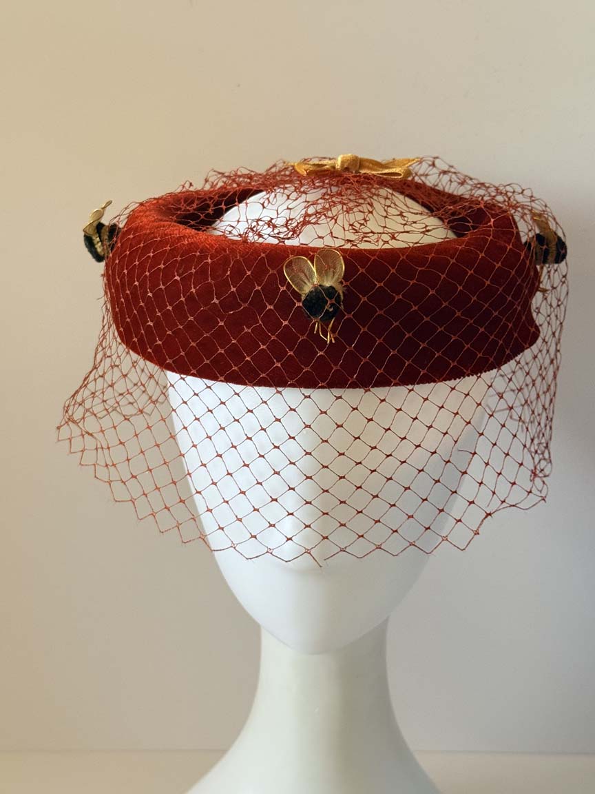 Vintage 1940s Red Velvet Halo Hat Birdcage Veil Bumblebee Trim Gold Bow Women's WWII Era Novelty Millinery