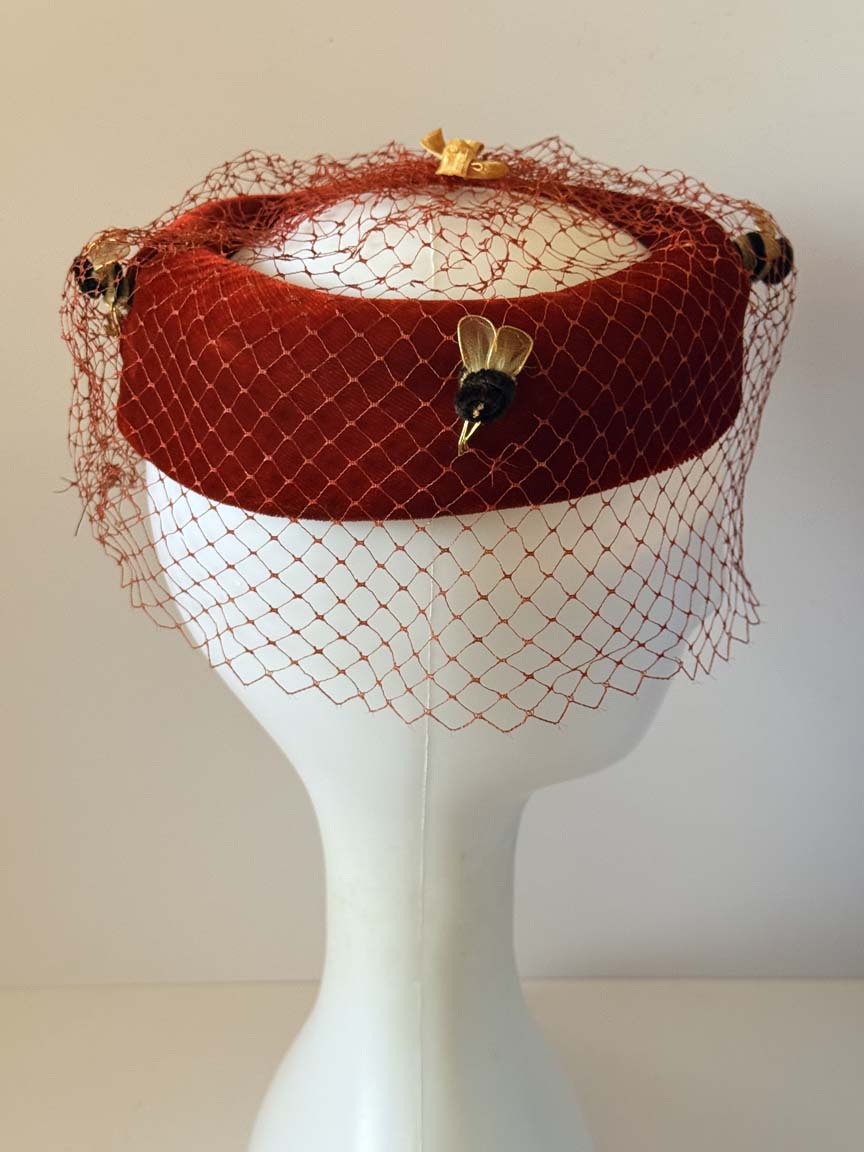 Vintage 1940s Red Velvet Halo Hat Birdcage Veil Bumblebee Trim Gold Bow Women's WWII Era Novelty Millinery
