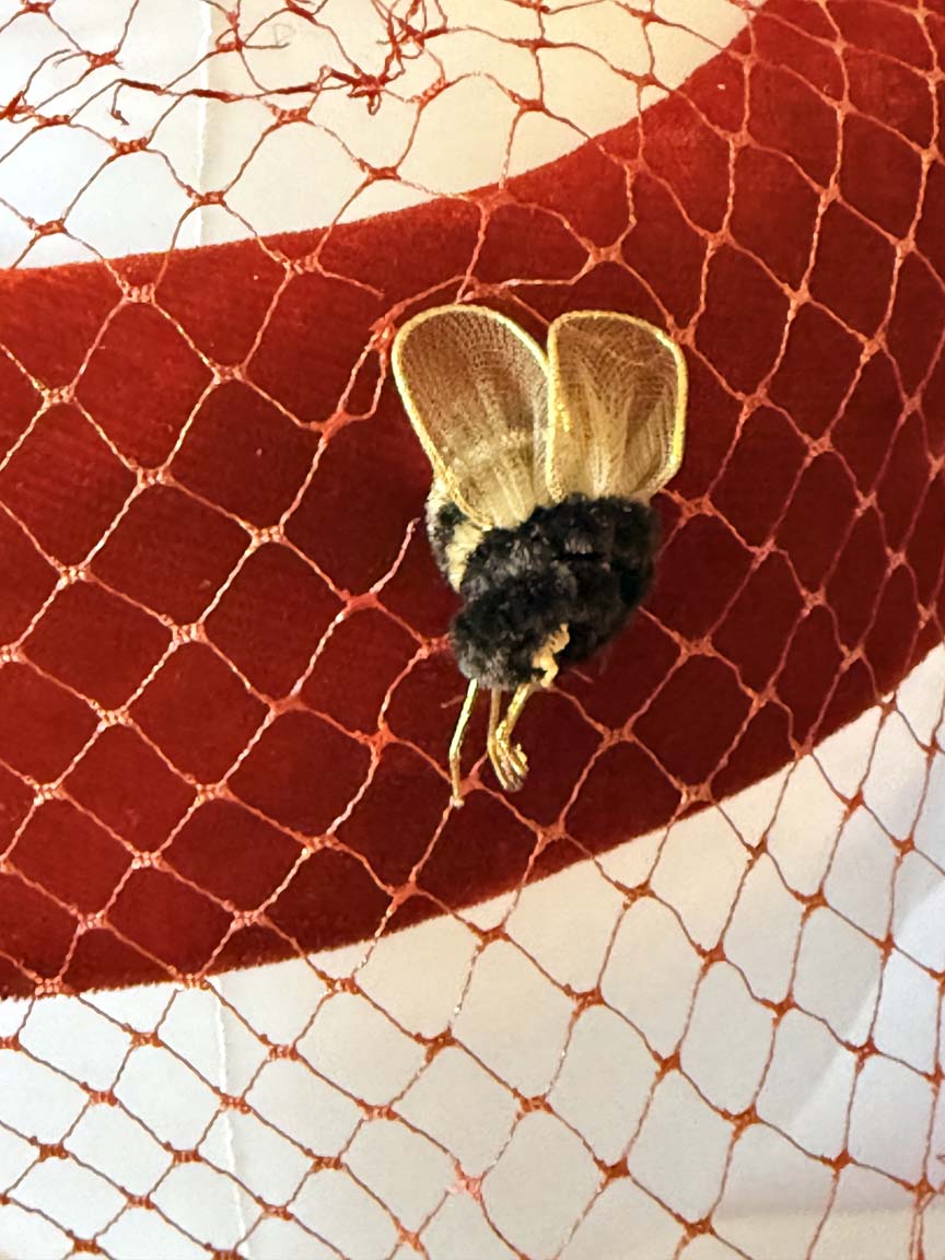 Vintage 1940s Red Velvet Halo Hat Birdcage Veil Bumblebee Trim Gold Bow Women's WWII Era Novelty Millinery