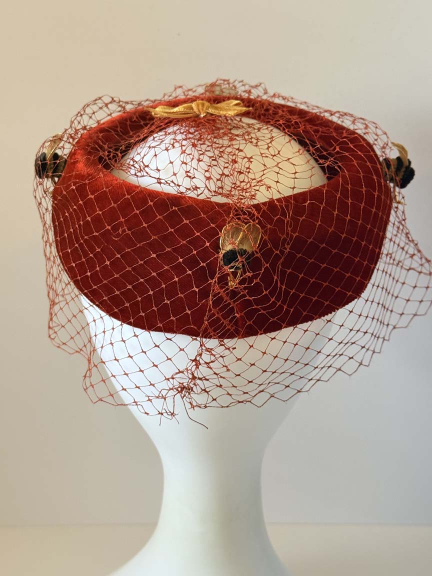 Vintage 1940s Red Velvet Halo Hat Birdcage Veil Bumblebee Trim Gold Bow Women's WWII Era Novelty Millinery