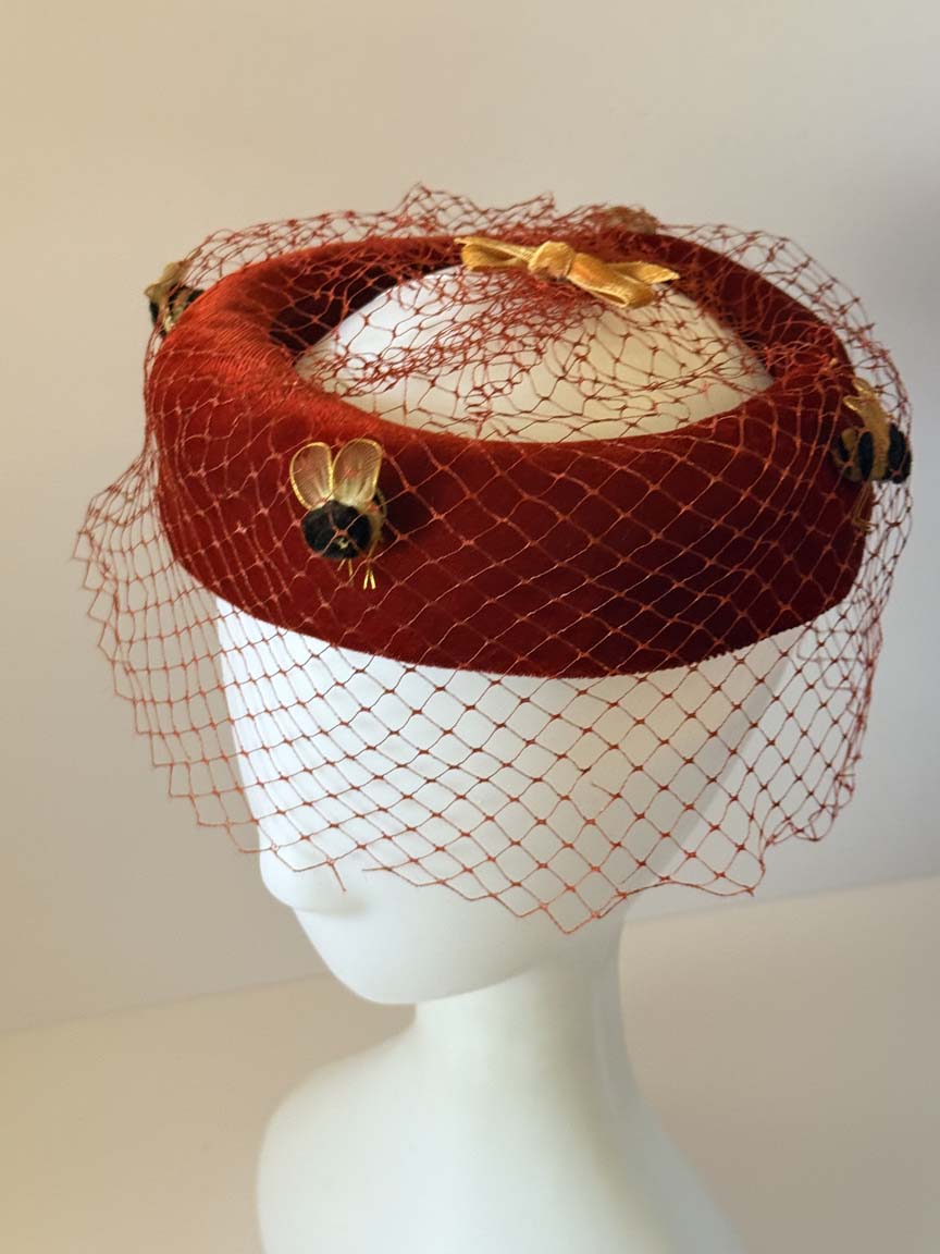 Vintage 1940s Red Velvet Halo Hat Birdcage Veil Bumblebee Trim Gold Bow Women's WWII Era Novelty Millinery
