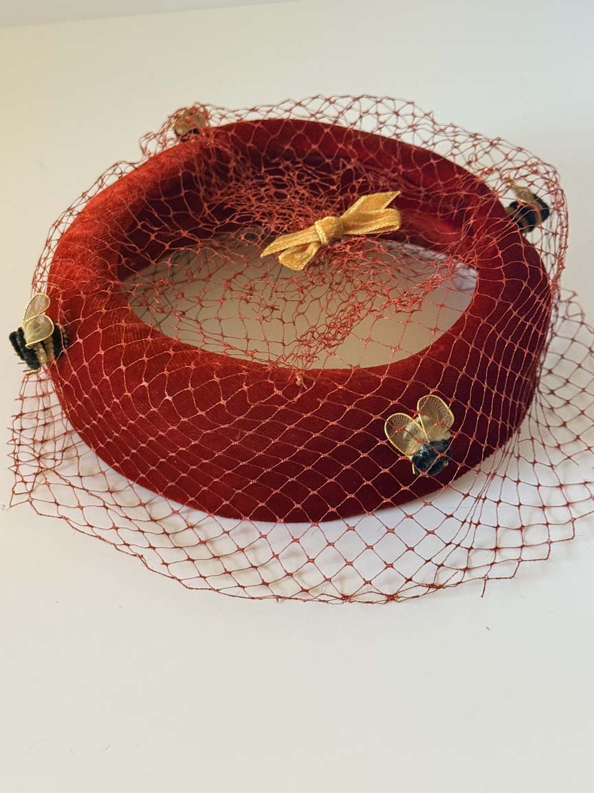 Vintage 1940s Red Velvet Halo Hat Birdcage Veil Bumblebee Trim Gold Bow Women's WWII Era Novelty Millinery