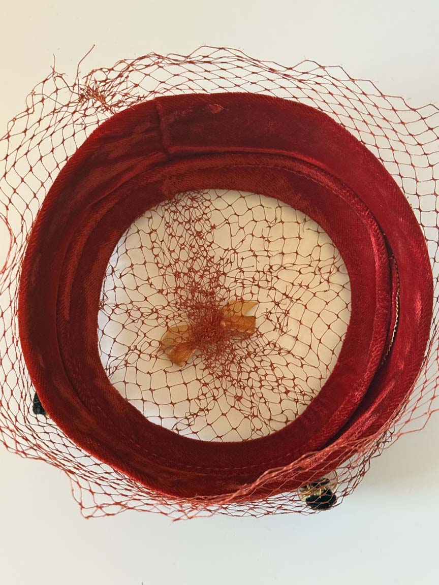Vintage 1940s Red Velvet Halo Hat Birdcage Veil Bumblebee Trim Gold Bow Women's WWII Era Novelty Millinery