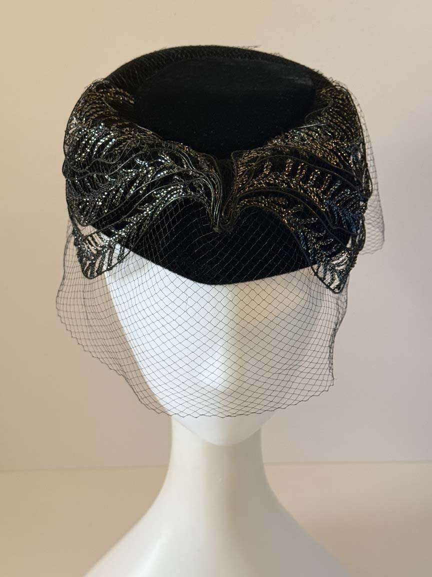 Vintage 1950s Black Velvet Cocktail Hat Metallic Lace Trim Face Veil Women's Formal Evening Hat Mid Century Millinery