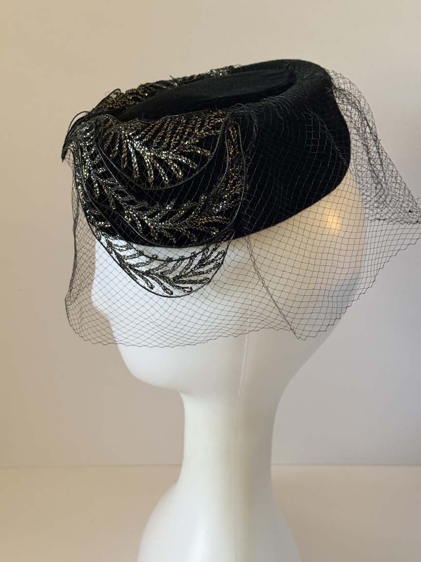 Vintage 1950s Black Velvet Cocktail Hat Metallic Lace Trim Face Veil Women's Formal Evening Hat Mid Century Millinery