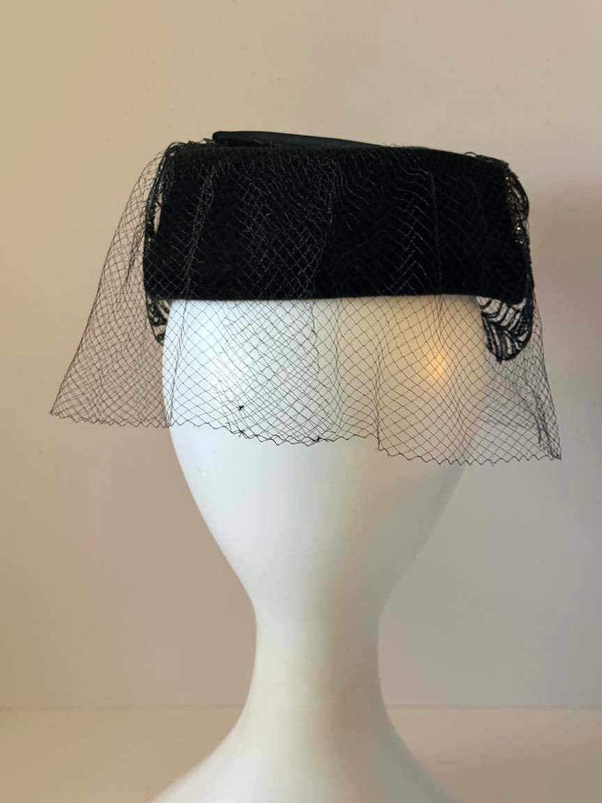 Vintage 1950s Black Velvet Cocktail Hat Metallic Lace Trim Face Veil Women's Formal Evening Hat Mid Century Millinery