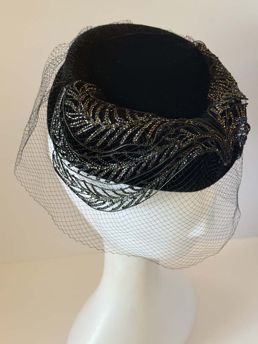 Vintage 1950s Black Velvet Cocktail Hat Metallic Lace Trim Face Veil Women's Formal Evening Hat Mid Century Millinery