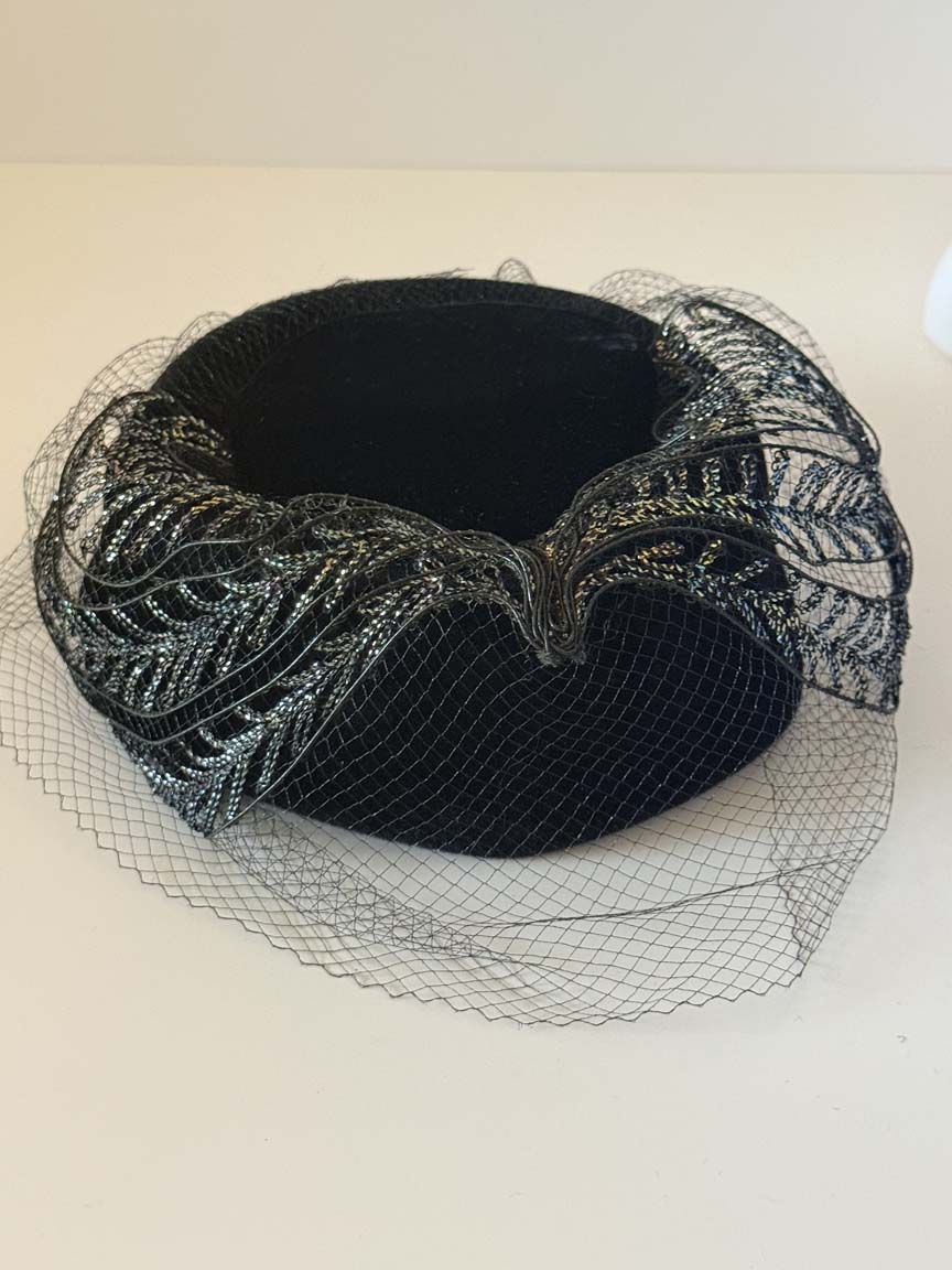 Vintage 1950s Black Velvet Cocktail Hat Metallic Lace Trim Face Veil Women's Formal Evening Hat Mid Century Millinery
