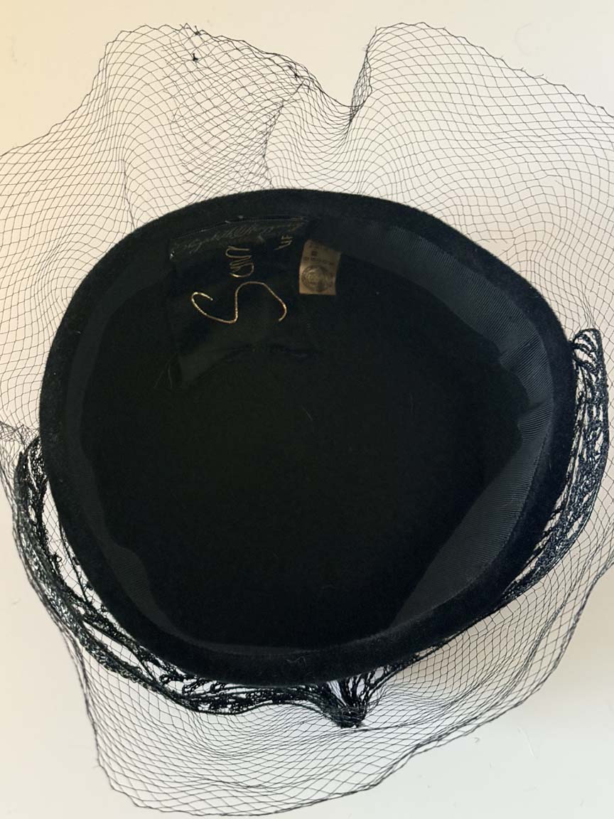 Vintage 1950s Black Velvet Cocktail Hat Metallic Lace Trim Face Veil Women's Formal Evening Hat Mid Century Millinery