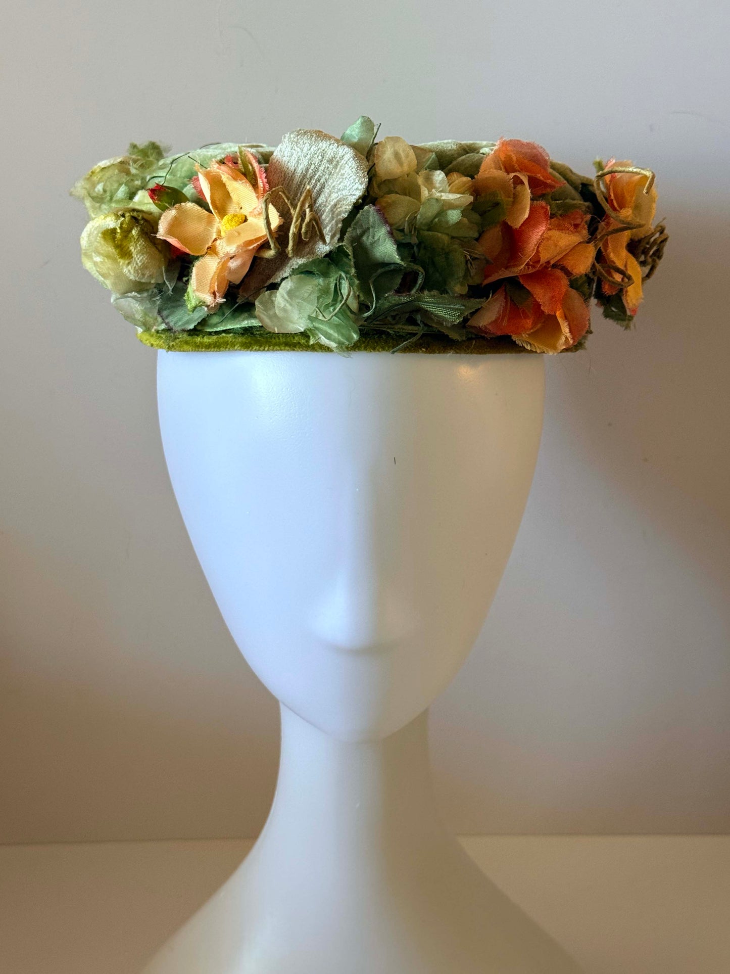 1950s Green Woven Velvet Floral Hat Garden Party Vintage Millinery Sculptural Spring Hat