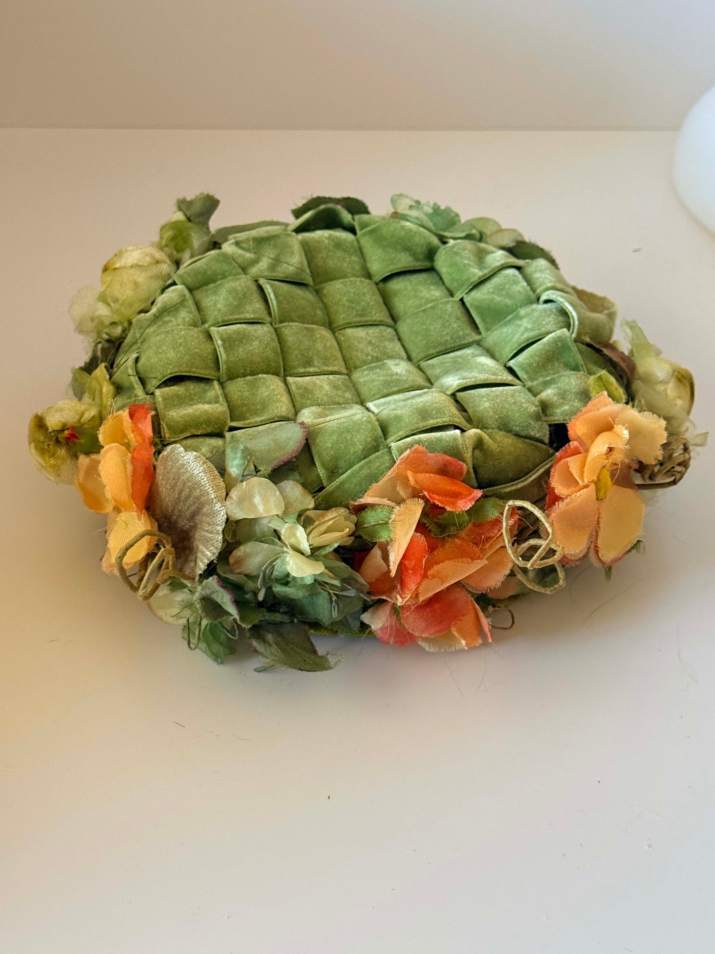1950s Green Woven Velvet Floral Hat Garden Party Vintage Millinery Sculptural Spring Hat