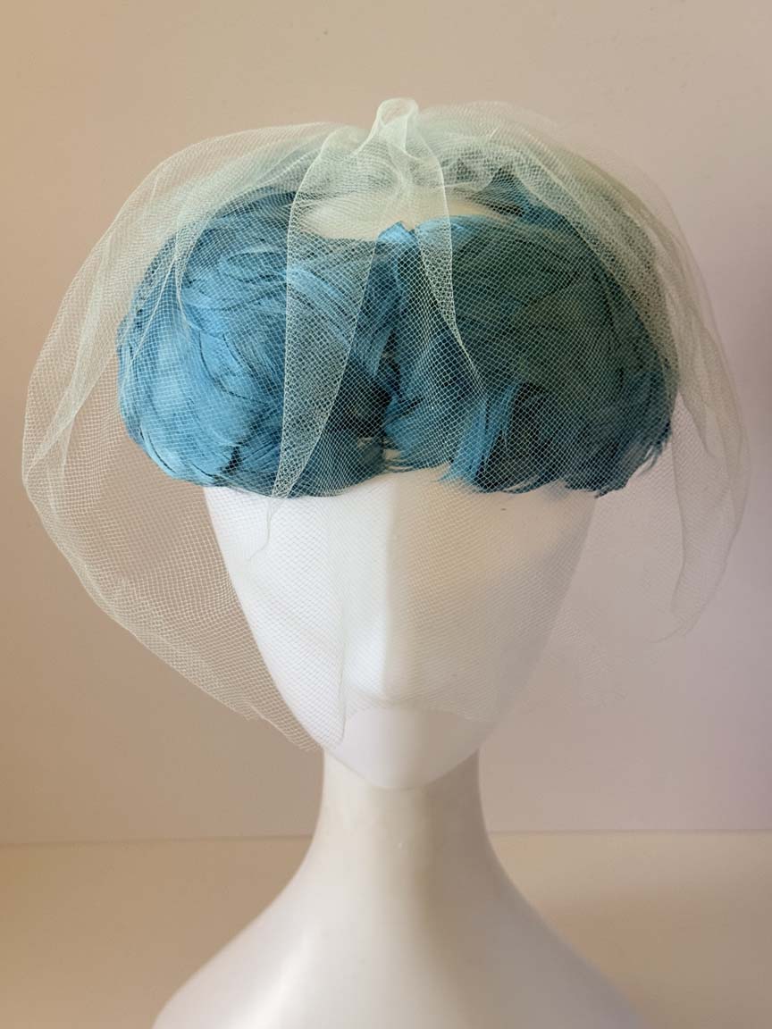 Vintage 1950s Turquoise Blue Feather Cocktail Hat Pale Blue Face Veil Women's Mid Century Formal Millinery