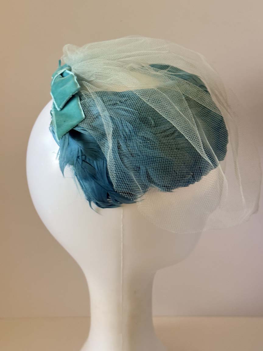 Vintage 1950s Turquoise Blue Feather Cocktail Hat Pale Blue Face Veil Women's Mid Century Formal Millinery