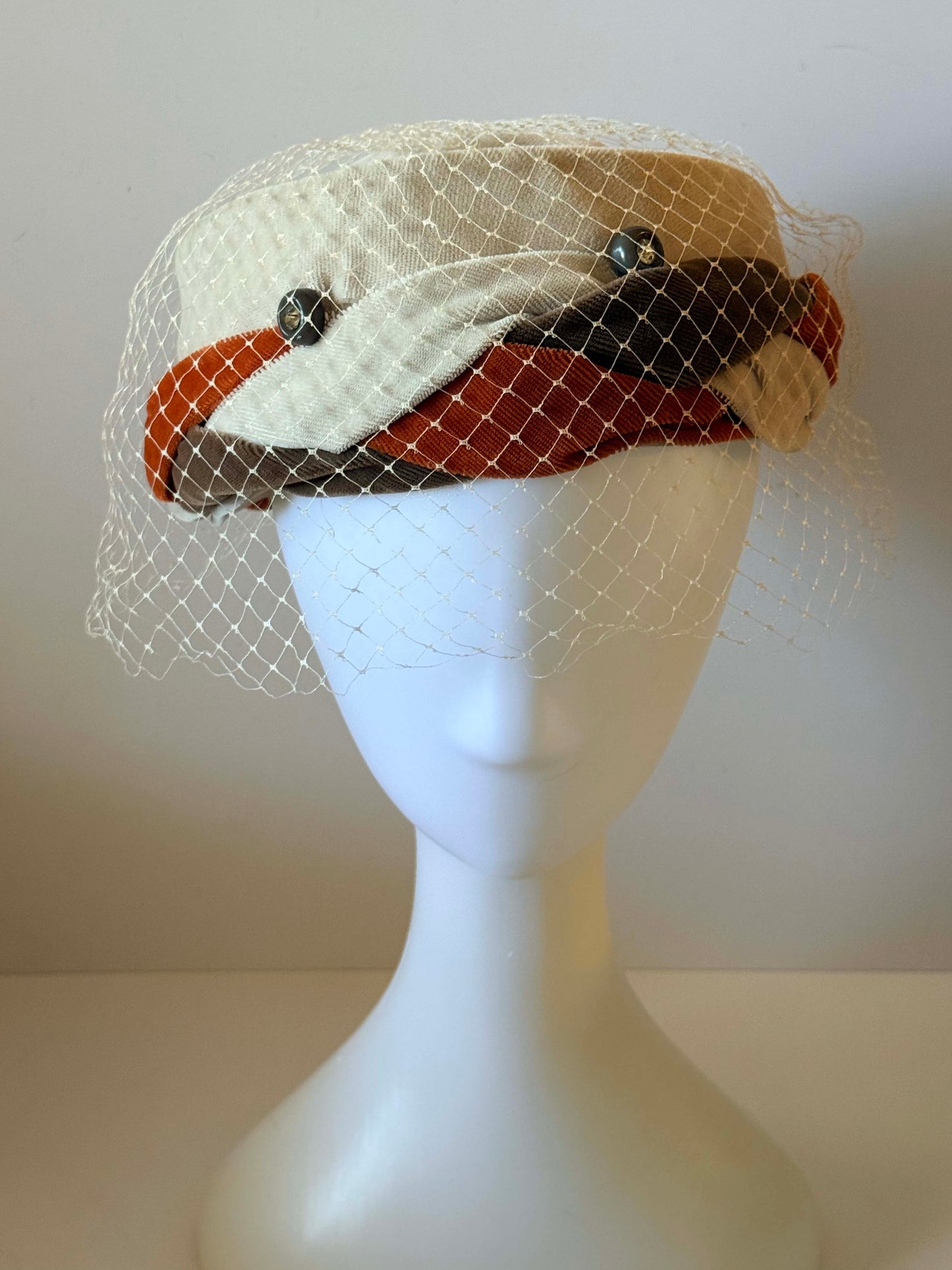 Vintage 1950s Cream Veil Pillbox Hat Rust Brown Trim Velvet Detail Cocktail Hat Mid Century Millinery