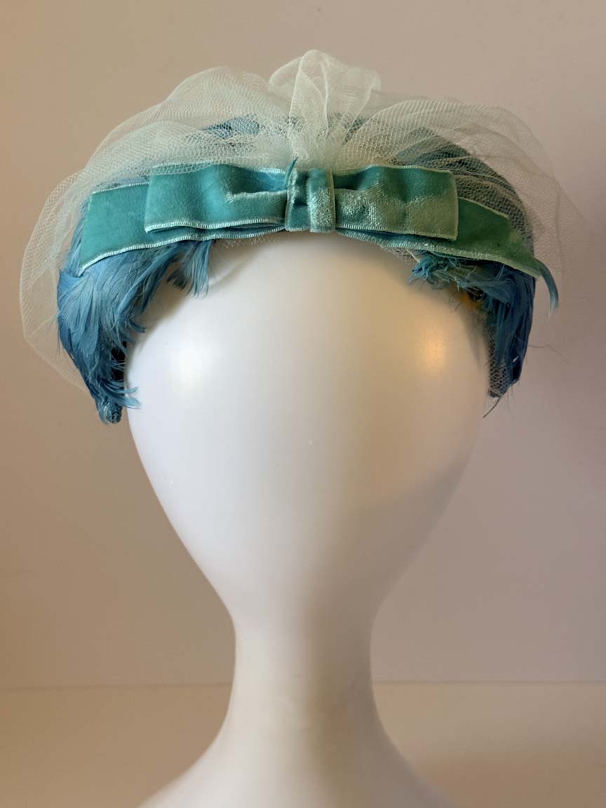 Vintage 1950s Turquoise Blue Feather Cocktail Hat Pale Blue Face Veil Women's Mid Century Formal Millinery