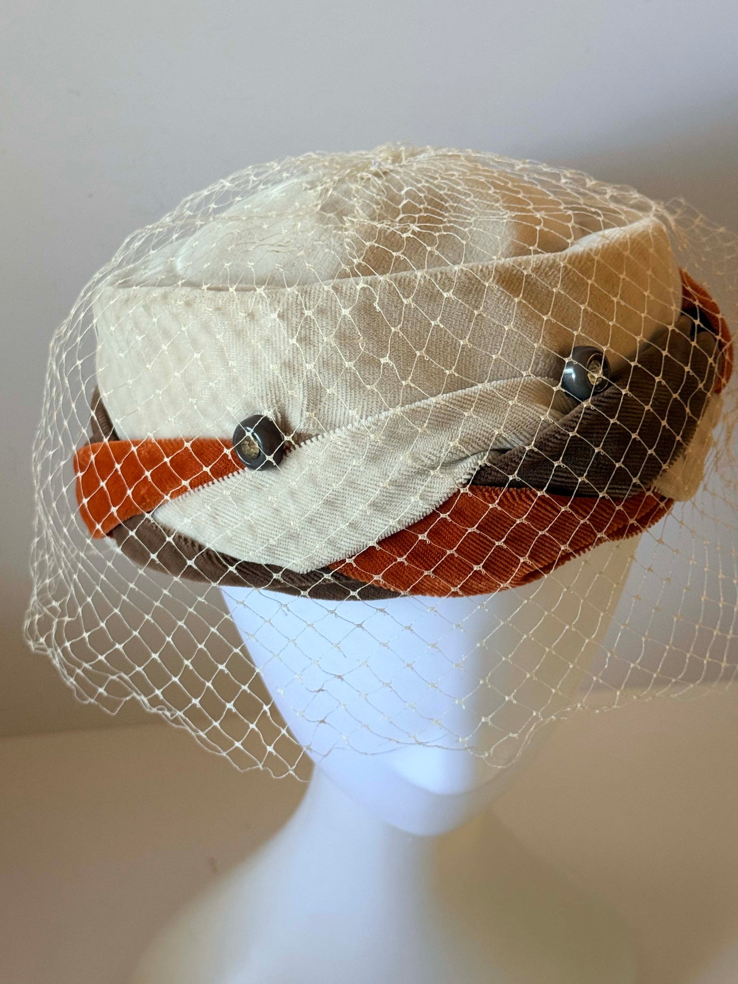 Vintage 1950s Cream Veil Pillbox Hat Rust Brown Trim Velvet Detail Cocktail Hat Mid Century Millinery