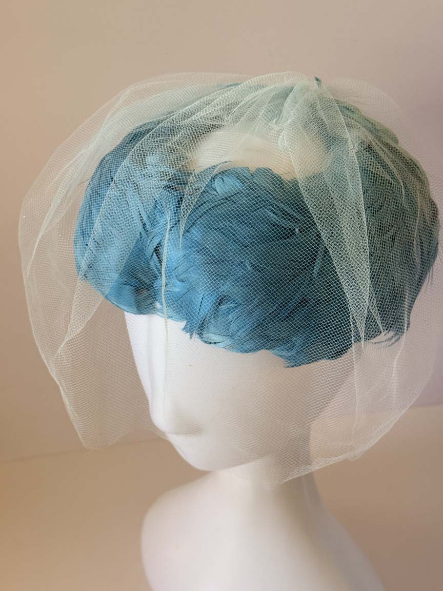 Vintage 1950s Turquoise Blue Feather Cocktail Hat Pale Blue Face Veil Women's Mid Century Formal Millinery