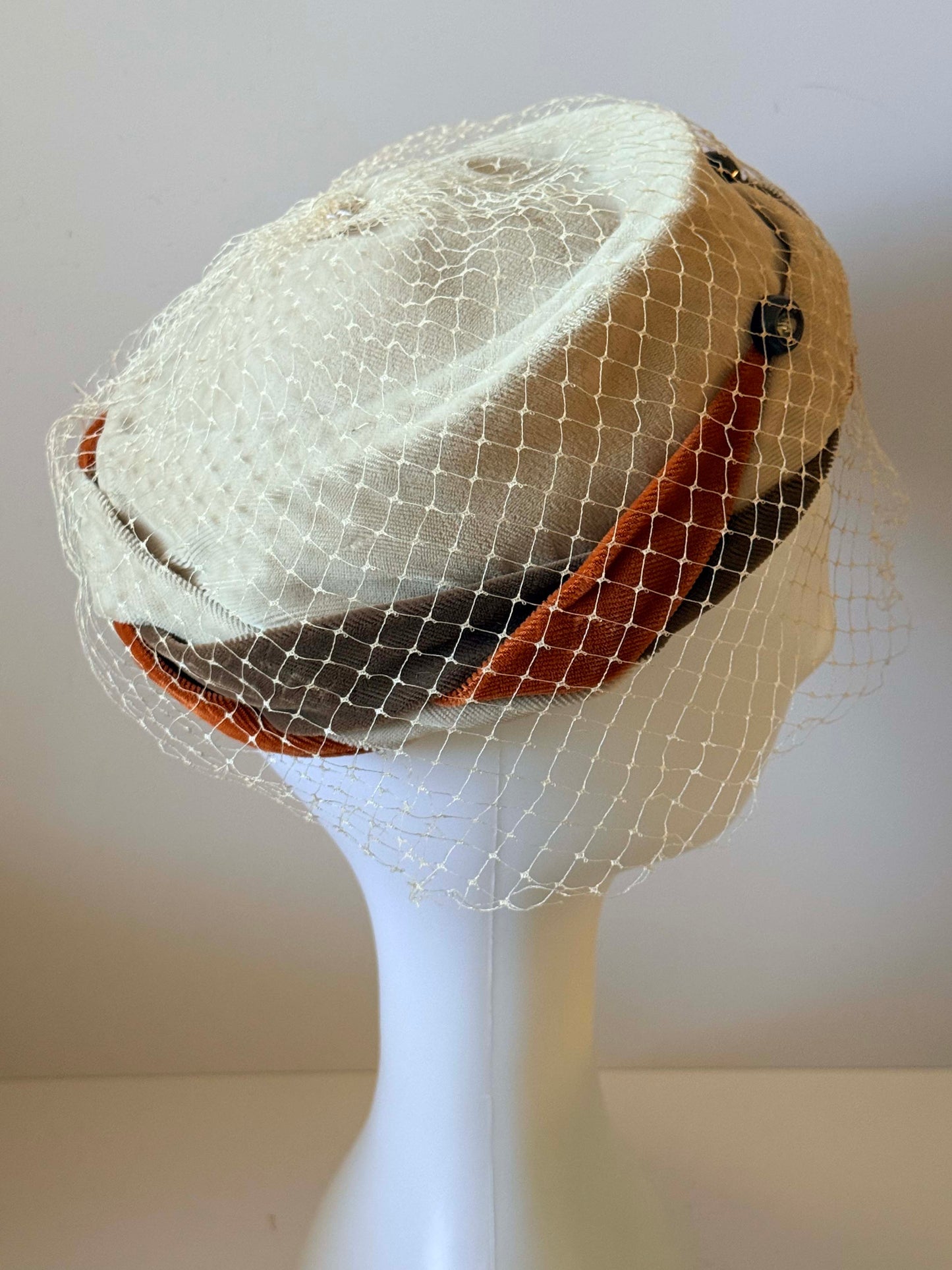 Vintage 1950s Cream Veil Pillbox Hat Rust Brown Trim Velvet Detail Cocktail Hat Mid Century Millinery