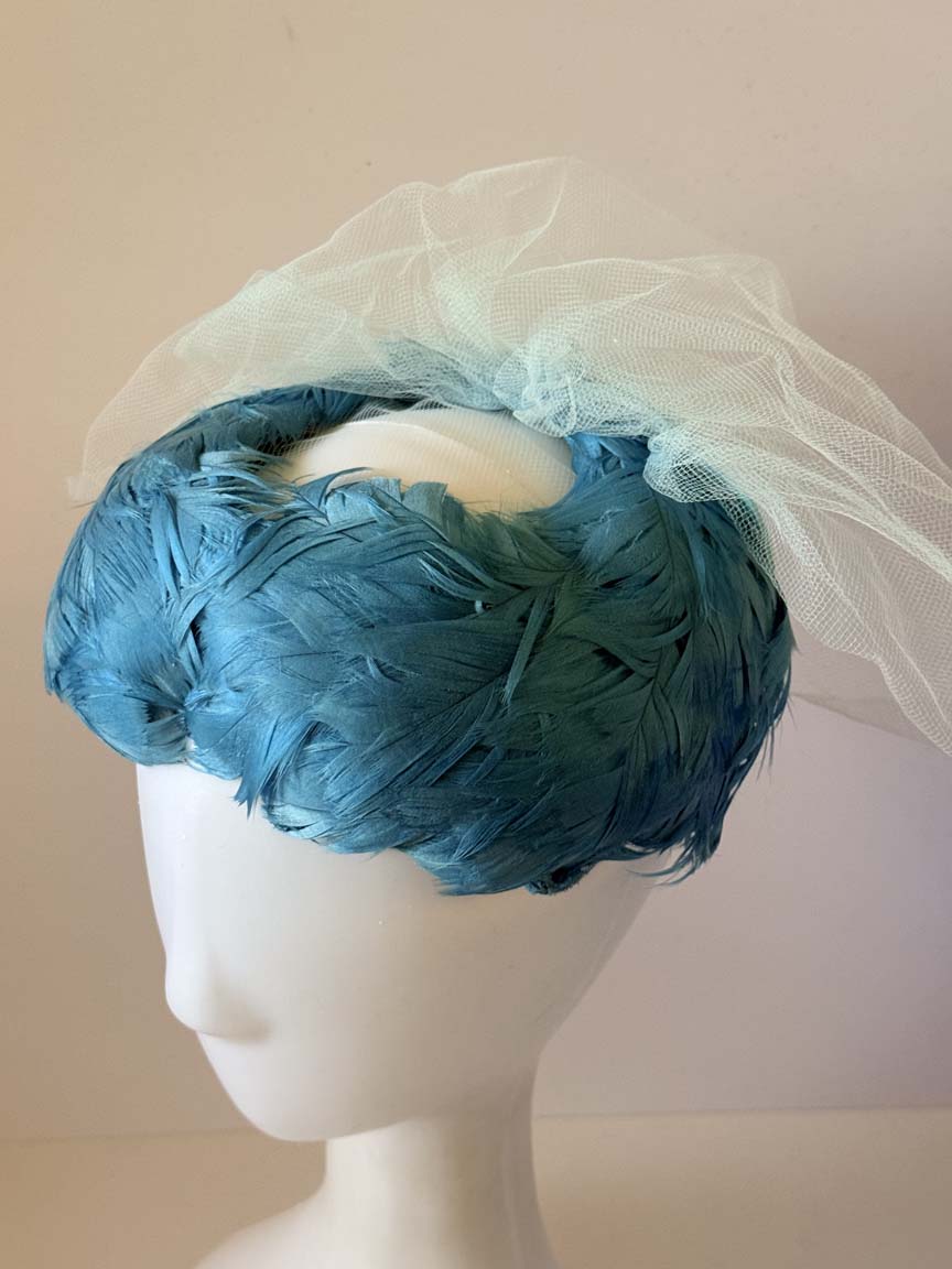 Vintage 1950s Turquoise Blue Feather Cocktail Hat Pale Blue Face Veil Women's Mid Century Formal Millinery