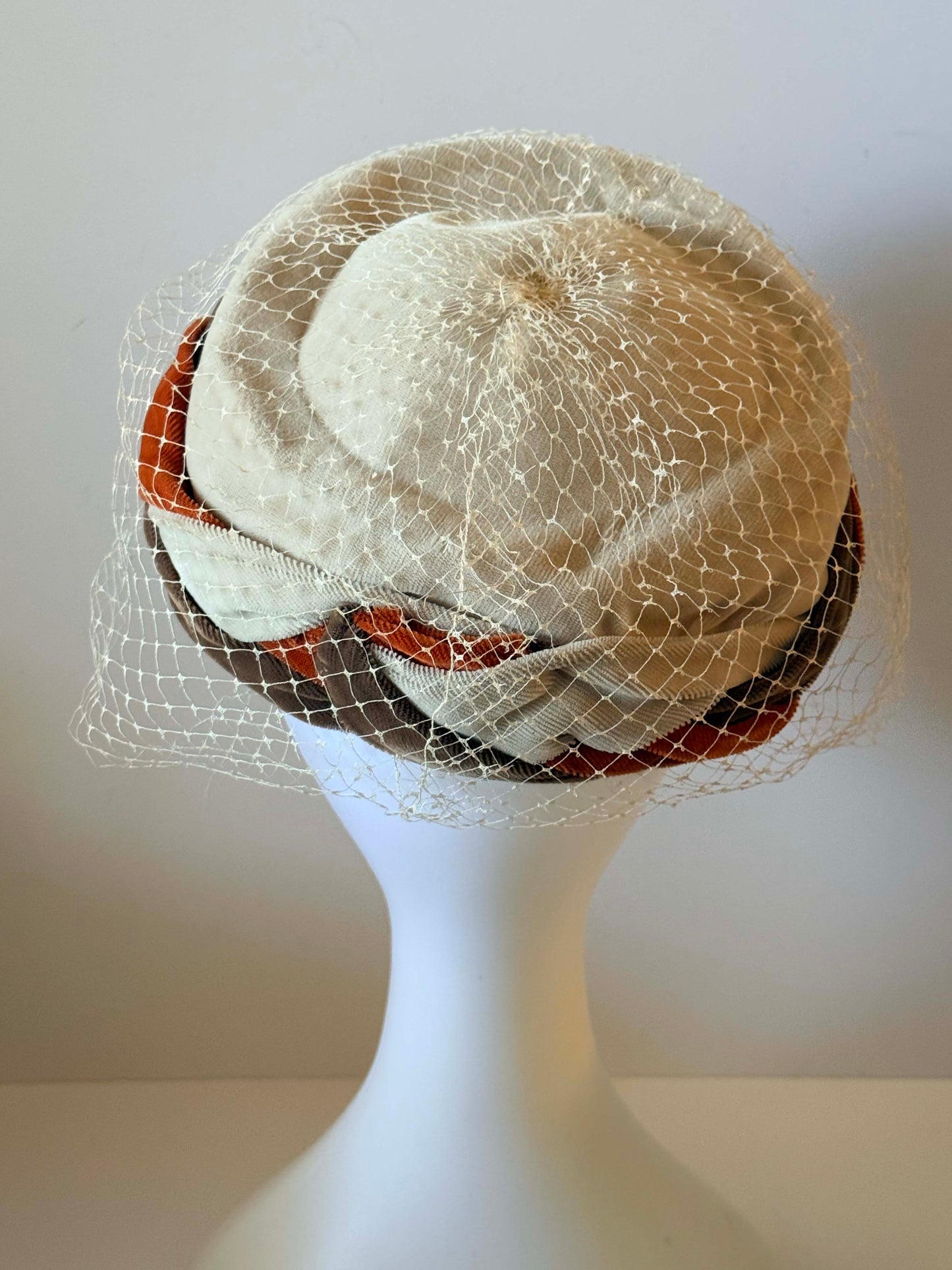 Vintage 1950s Cream Veil Pillbox Hat Rust Brown Trim Velvet Detail Cocktail Hat Mid Century Millinery
