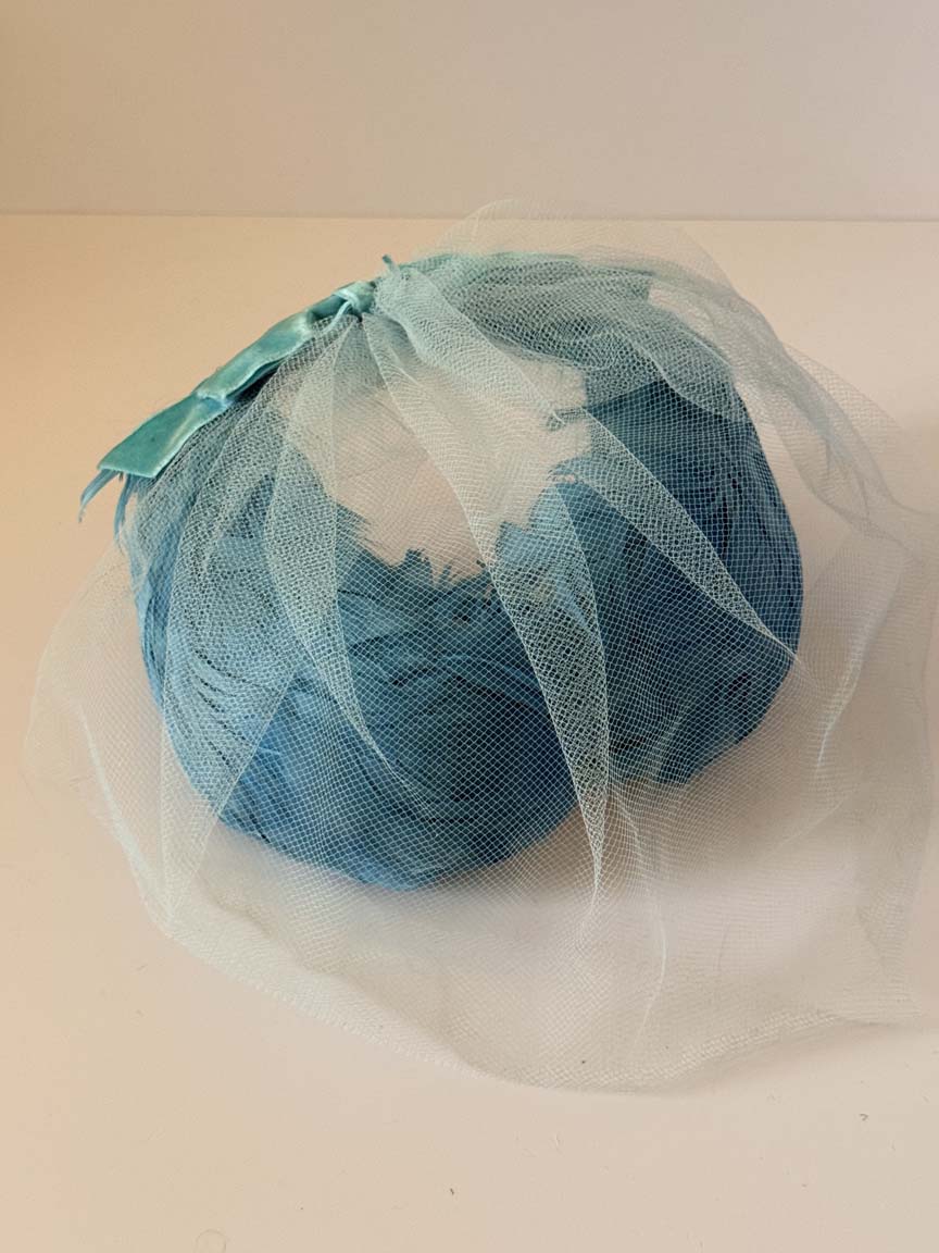 Vintage 1950s Turquoise Blue Feather Cocktail Hat Pale Blue Face Veil Women's Mid Century Formal Millinery