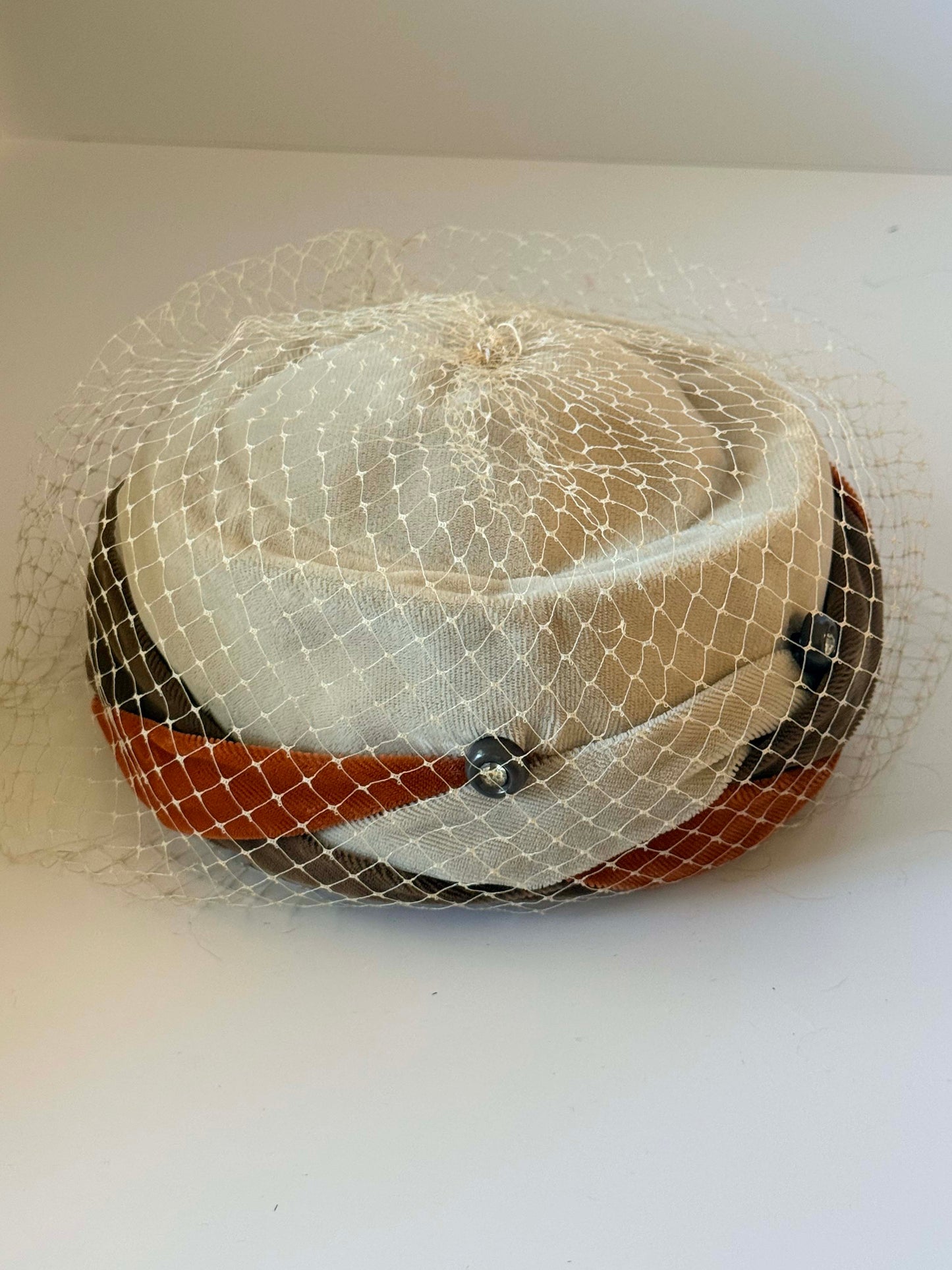 Vintage 1950s Cream Veil Pillbox Hat Rust Brown Trim Velvet Detail Cocktail Hat Mid Century Millinery