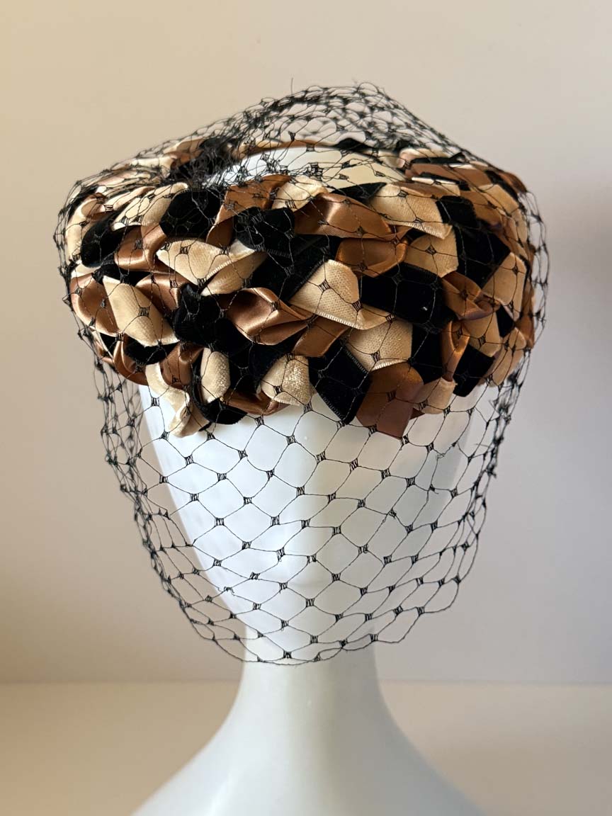 Vintage 1950s Deilhirst Halo Hat Black Bronze Champagne Ribbon Birdcage Veil Women's Mid Century Cocktail Hat
